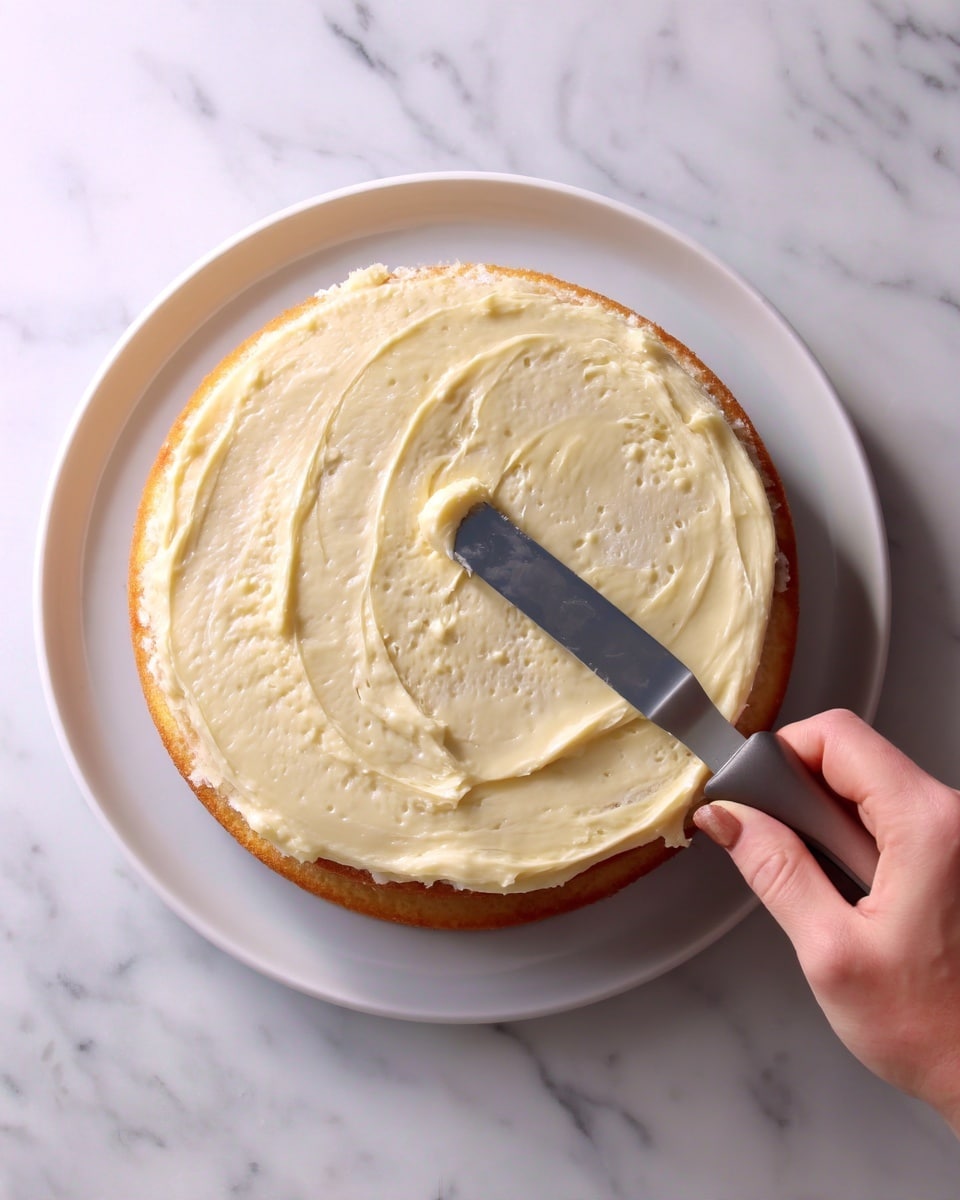 The image shows a close-up of a round cake being spread with a smooth, light beige frosting. The cake has two visible layers, with the frosting being spread evenly on the top layer using a metal spatula held by a woman's hand. The cake sits on a white plate placed on a white marbled surface. The frosting has a creamy texture with some small air holes visible, and the spatula is partially covered with the frosting. photo taken with an iphone --ar 4:5 --v 7