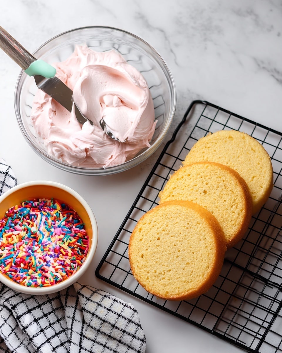 Three round yellow cake layers are arranged on a black cooling rack over a white marbled surface, showing a soft and spongy texture. To the left, a clear glass bowl contains light pink whipped frosting with a silver spatula resting inside it. In the bottom left corner, a white bowl filled with colorful rainbow sprinkles adds a pop of color, and a black and white checkered cloth is partially visible beneath it. The overall setting is bright and clean with a baking prep vibe. photo taken with an iphone --ar 4:5 --v 7