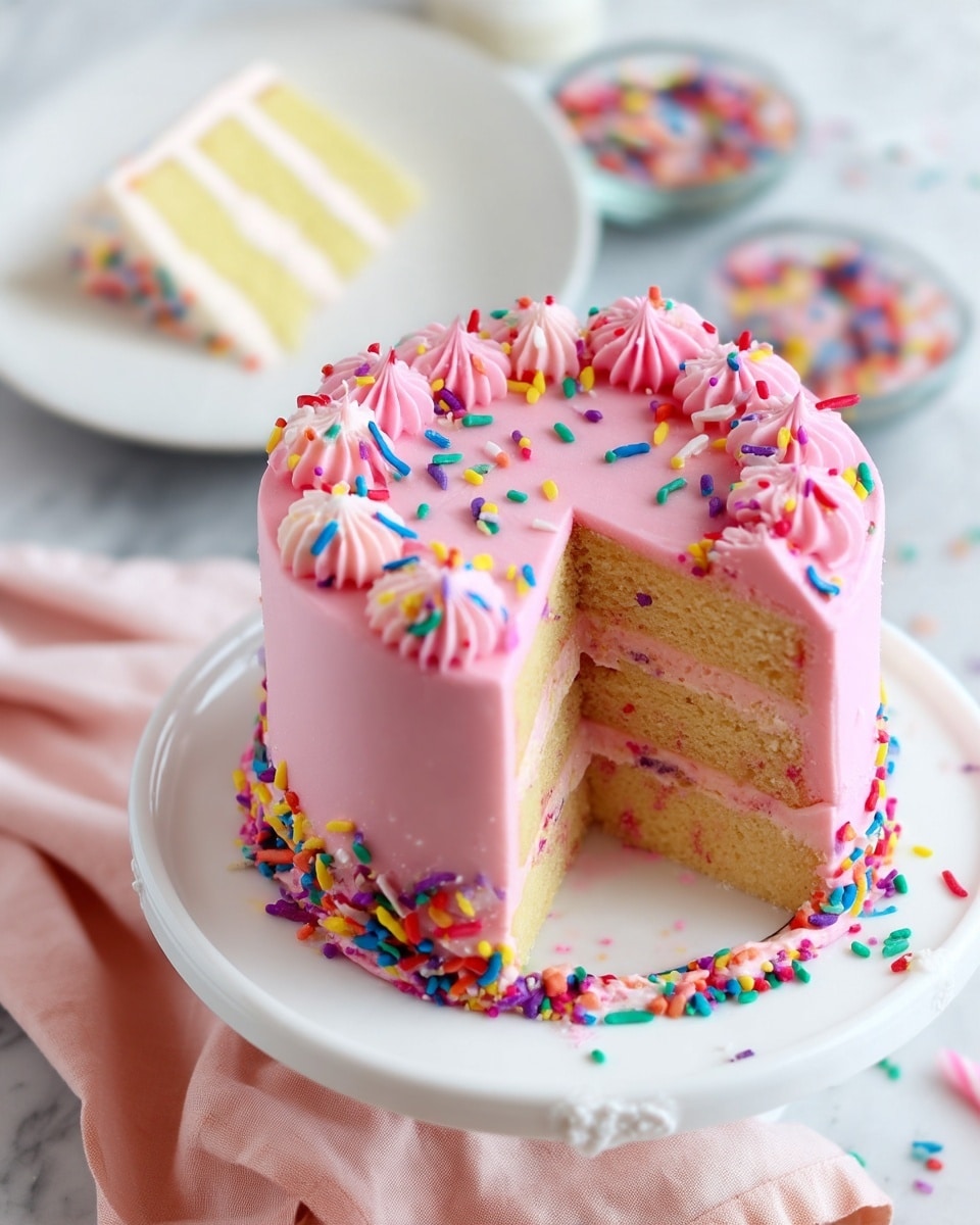 A small round cake with three layers of light yellow sponge and two layers of light pink frosting in between, all covered in smooth light pink frosting. The top edge is decorated with evenly spaced small pink frosting swirls, each topped with bright, colorful sprinkles in blue, yellow, red, green, and purple. Around the base is a thick band of the same sprinkles. A slice is missing showing the inside layers. The cake sits on a white cake stand on a white marbled surface with a soft pink cloth nearby. In the background, there is a white plate holding the missing slice and a small clear bowl filled with more sprinkles. Photo taken with an iphone --ar 4:5 --v 7