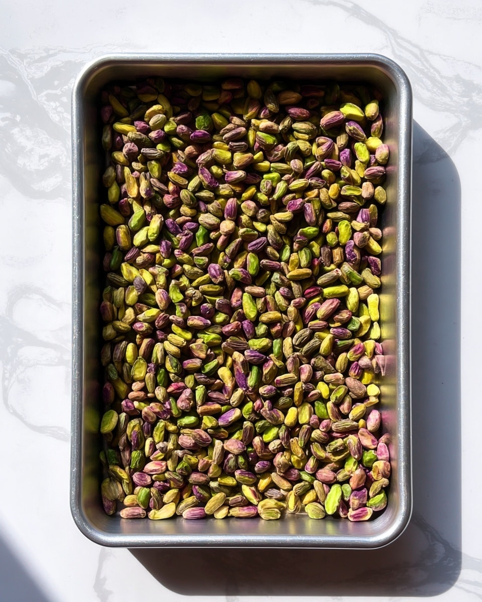 A metal tray filled with a single, even layer of whole pistachio nuts in shades of green and purple-brown, spread out to cover the entire surface. The tray sits on a white marbled texture background with natural light casting soft shadows around it. The pistachios have a smooth, slightly shiny texture, and the metal tray has a simple, clean appearance with straight edges. photo taken with an iphone --ar 4:5 --v 7