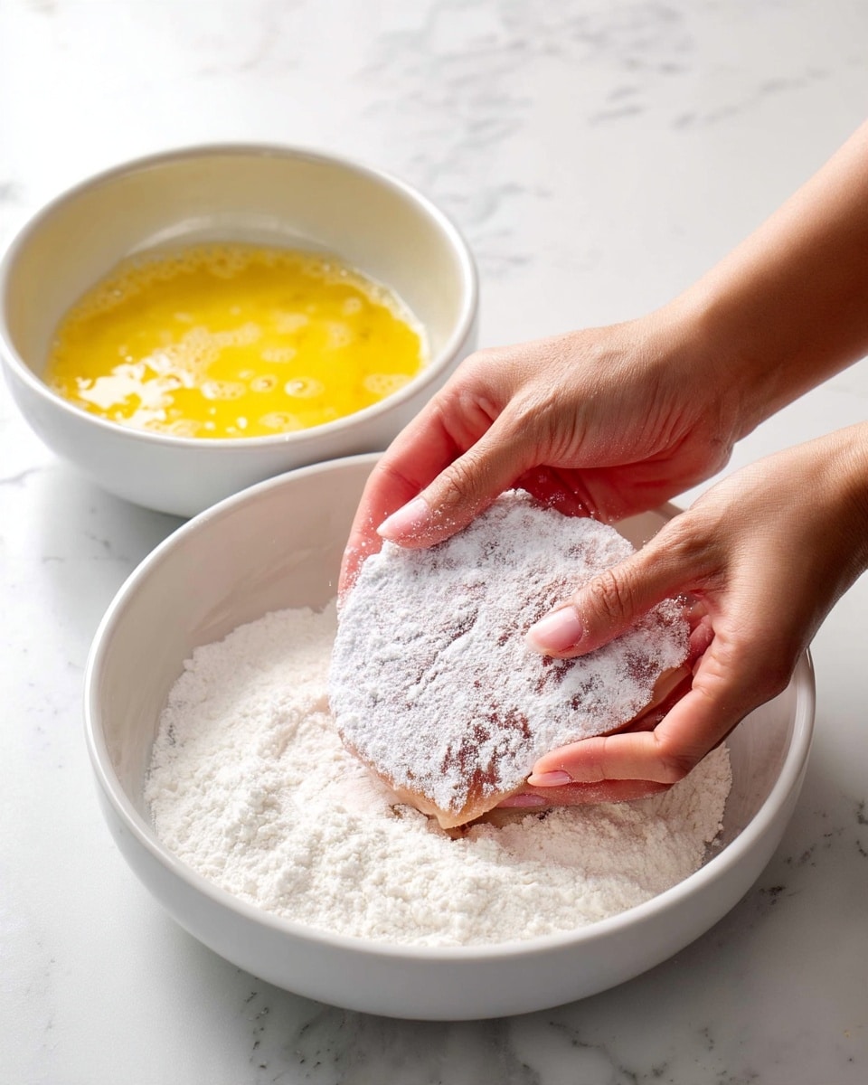 A pair of woman's hands are dipping a flat, round piece of meat into a white bowl filled with white flour. The meat is partially coated with flour, showing a light brown color under the white powder. To the left, there is another white bowl filled with a yellow mixture, likely beaten eggs. The surface under the bowls is a white marbled texture. The image focuses on the hands and the flour bowl, showing the action clearly. Photo taken with an iphone --ar 4:5 --v 7