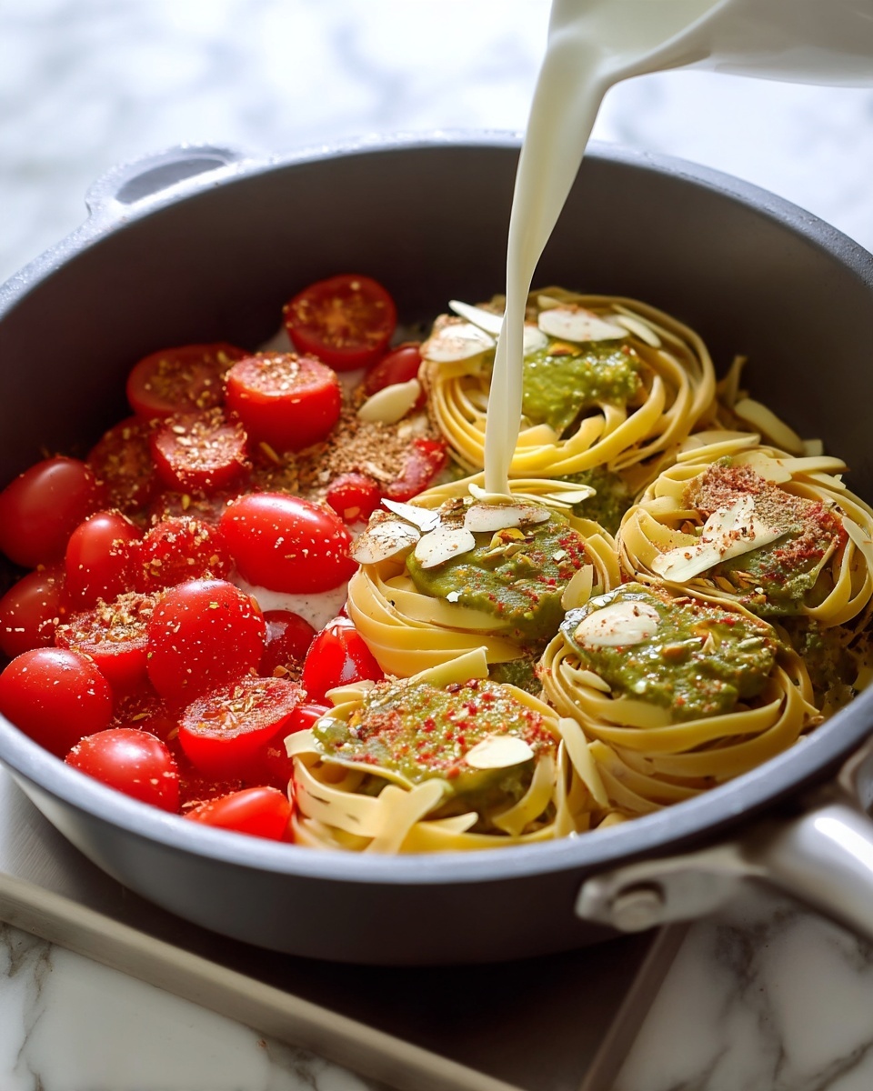 Inside a dark gray pan sitting on a stovetop with a white marbled surface, there are three nests of light yellow pasta on the right side, topped with green pesto and thinly sliced almonds, sprinkled with red spices. On the left side, there are many bright red halved cherry tomatoes, also sprinkled with red spices. A stream of white cream is being poured into the pan, mixing with the tomatoes and surrounding the pasta. The scene is bright and detailed, showing the mix of textures and colors clearly. Photo taken with an iphone --ar 4:5 --v 7