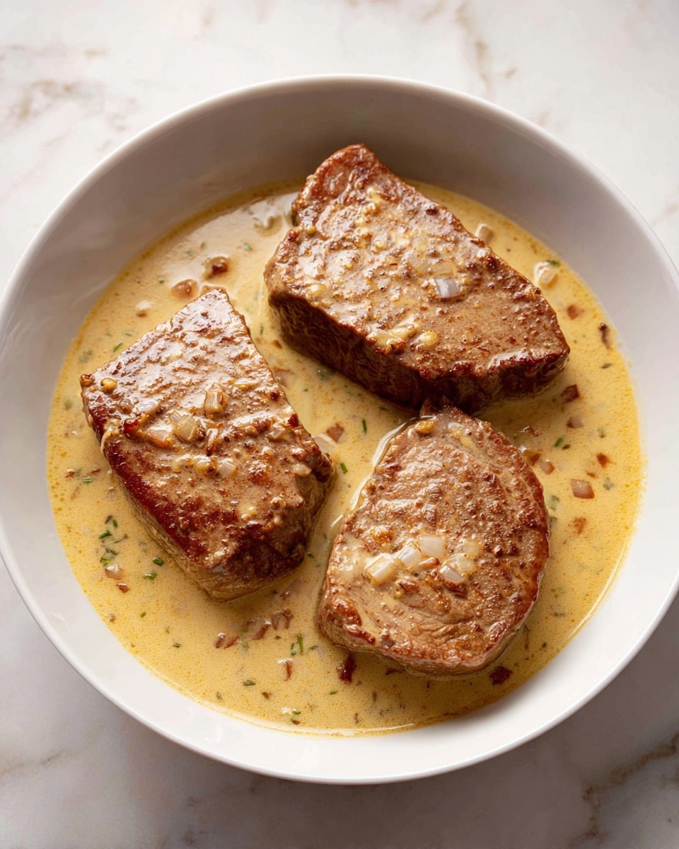 The image shows three large pieces of browned meat with a crispy texture on the top surface, resting in a creamy, light yellow sauce with small bits of diced ingredients floating in it. The meat pieces are arranged in a triangular pattern inside a white bowl with a small amount of sauce pooling around them. The sauce has a smooth but slightly bubbly texture, with a glossy sheen in some spots. The bowl is placed on a white marbled surface. Photo taken with an iphone --ar 4:5 --v 7