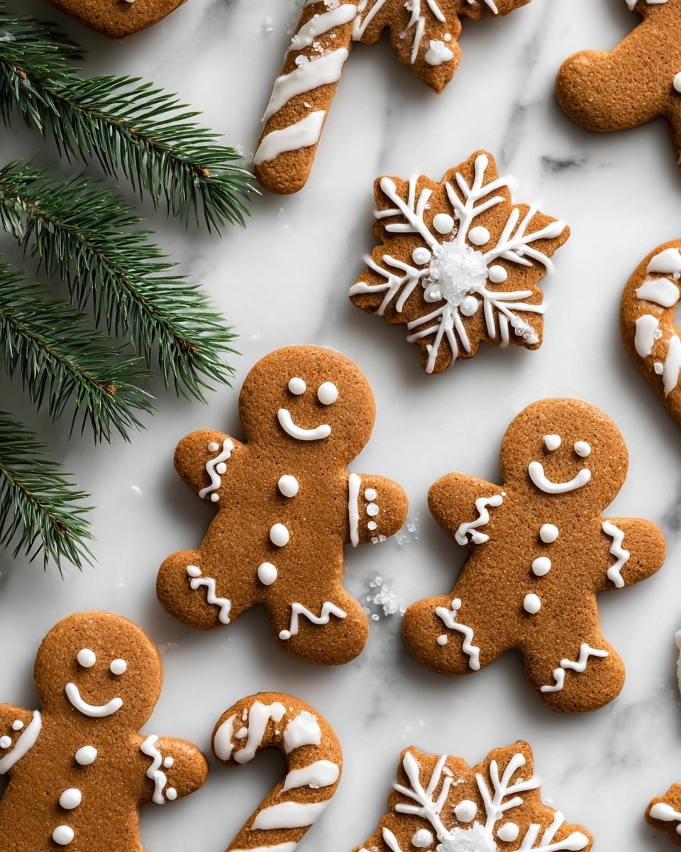 The image shows several gingerbread cookies on a white marbled surface. There are three gingerbread men with smiling faces and white icing details on the arms, legs, buttons, and mouth. Two snowflake-shaped cookies are decorated with white icing patterns. Two candy cane-shaped cookies have white icing stripes across them, and a few small round cookies with white dots. On the left side, there are green fir leaves adding a festive touch. The colors are mainly brown gingerbread with white icing, and the look is bright and cheerful. Photo taken with an iphone --ar 4:5 --v 7