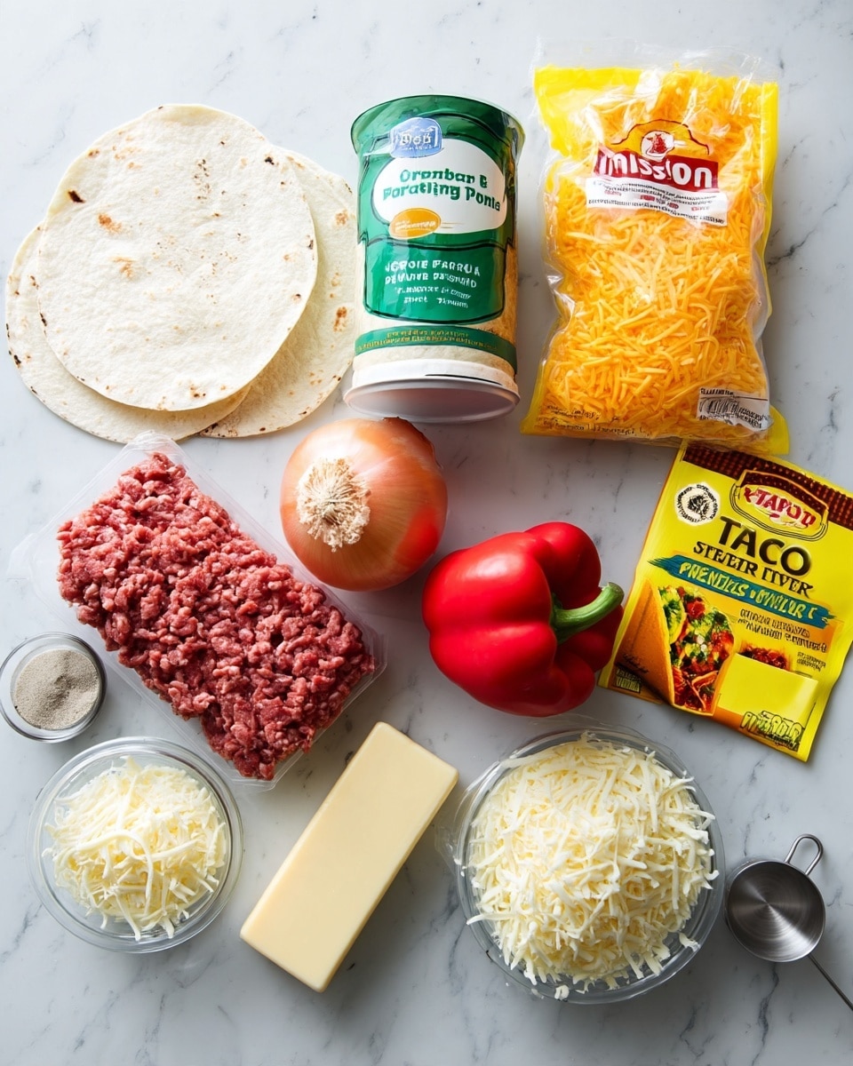 The image shows ingredients for making tacos arranged neatly on a white marbled surface. There is a pack of soft flour tortillas in the top left, a green and white can of organic tomato paste next to a bag of shredded mild cheddar cheese on the right side. Below the tortillas is a stick of unsalted butter, and next to it is a package of ground beef. A red bell pepper is placed near the center with an onion below it. Below the onion are two clear plastic spice containers labeled garlic powder and parsley flakes. To the right, there is a yellow packet of taco seasoning mix and a silver metal measuring cup on the lower right corner. A bag of shredded provolone and mozzarella cheese is placed on the lower left side. The overall setting is bright and clean, photo taken with an iphone --ar 4:5 --v 7