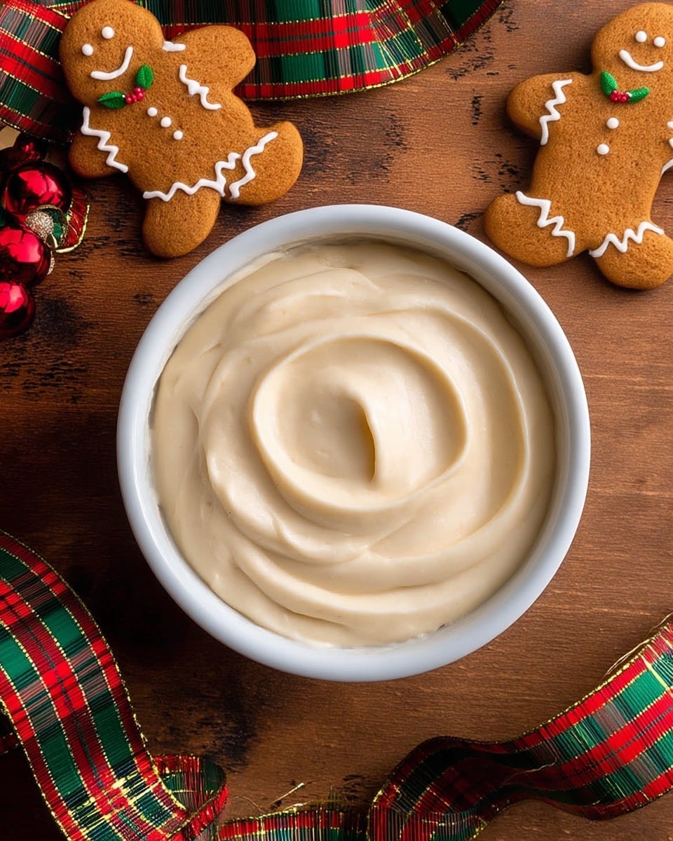 A white bowl filled with smooth, creamy beige frosting with soft swirls on top is placed on a wooden textured surface. Around the bowl, there are three gingerbread cookies shaped like little people, decorated with white icing faces, buttons, and edges, and green and red icing for holly on one cookie near the upper left corner. A red and green plaid ribbon is loosely laid on the right and bottom edges of the image. The overall scene has warm, rustic tones. photo taken with an iphone --ar 4:5 --v 7
