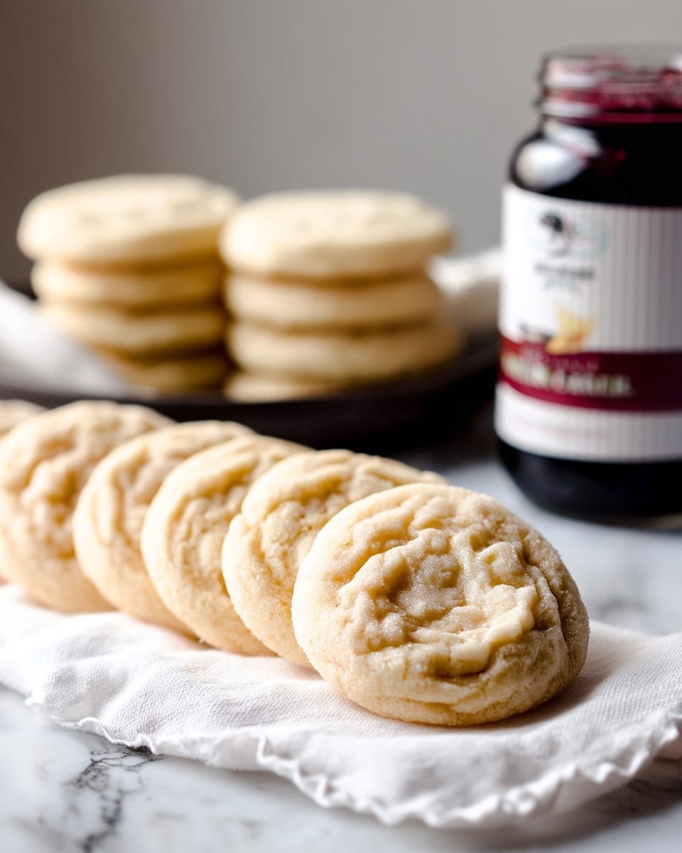 A row of five light tan sugar cookies with a soft, cracked texture are laid on a white cloth, showing their round shape and slightly crinkled tops. Behind this row, a dark tray holds a stack of more of the same cookies, slightly blurred. To the right, a dark jar with a white label and red band sits partially in view. The surface beneath everything is a white marbled texture. Photo taken with an iphone --ar 4:5 --v 7