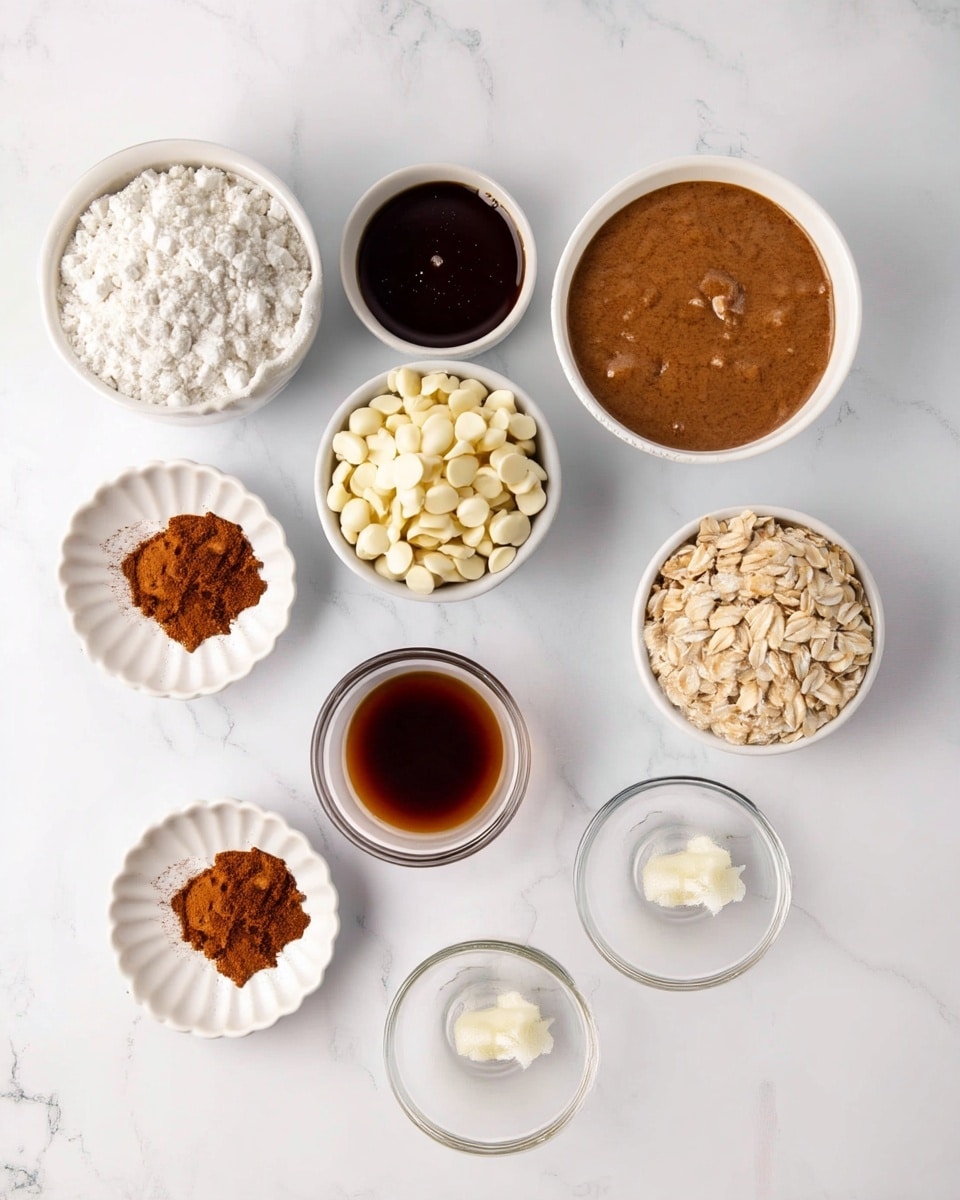 The image shows eight small white and clear bowls placed on a white marbled surface, each filled with different ingredients. At the top right is a white bowl with a smooth, light brown mixture. To its left is a white bowl with a dark, glossy liquid. Below that is a white bowl filled with small, round, white chocolate chips. Next to it on the right is a white bowl full of white flour. Below the flour is a clear bowl containing a dark amber liquid. To the left of it is a white, scalloped bowl with cinnamon powder in two shades of brown. Above it is a white bowl filled with rolled oats that have a rough texture and light tan color. Between the oats and the cinnamon is a small clear bowl with a white, soft solid. The bowls are neatly arranged with clear spaces around them, and the bright lighting highlights the natural texture and colors of each ingredient photo taken with an iphone --ar 4:5 --v 7