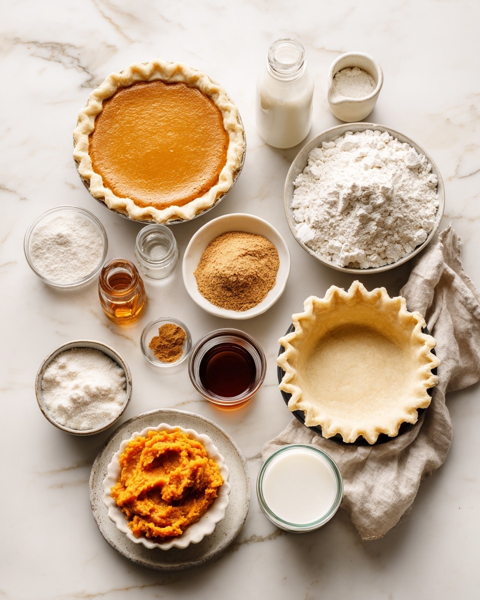 Top-down professional food photography flat lay style, bright white marble countertop, neatly arranged, evenly spaced, tidy, clean organized layout, include: small bowl of pumpkin puree, small bowl of packed brown sugar, small bowl of pumpkin spice mix, small glass cup of pure maple syrup, small glass bottle of vanilla flavoring, two round pre-made pie crusts on a small plate, small bowl of confectionery sugar, small glass cup of milk, bright soft natural lighting, sharp focus, high detail textures, realistic reflections, professional DSLR look, 4K, no finished dish, no cooked food, no hands, no text, no watermark, no brand logos --ar 4:5 --v 7