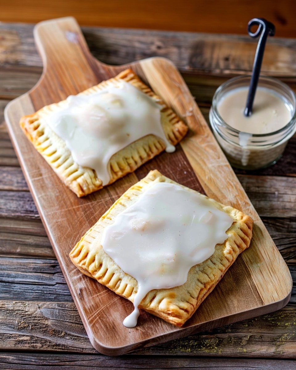Two square, golden-brown pastries with sealed edges and fork-pressed borders sit side by side on a wooden cutting board. Each pastry is topped with a smooth, shiny layer of white icing that slightly runs down the sides. To the right of the cutting board, there is a small glass jar filled with more white icing and a black spoon inside it. The wooden surface beneath the cutting board is rustic and worn. photo taken with an iphone --ar 4:5 --v 7