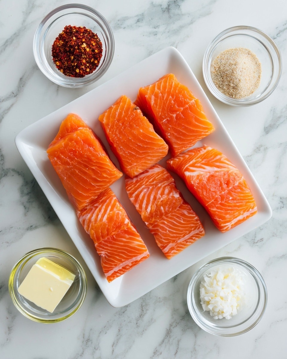 The image shows a white square plate with five bright orange salmon fillets arranged in two neat rows, each fillet showing clear lines of fat and soft texture. Around the plate on a white marbled surface, there are five small clear bowls containing different ingredients: one with a pale powder, one with a red spice mix, one with white granules, one with golden oil, and one with creamy butter. The overall look is clean and fresh. photo taken with an iphone --ar 4:5 --v 7