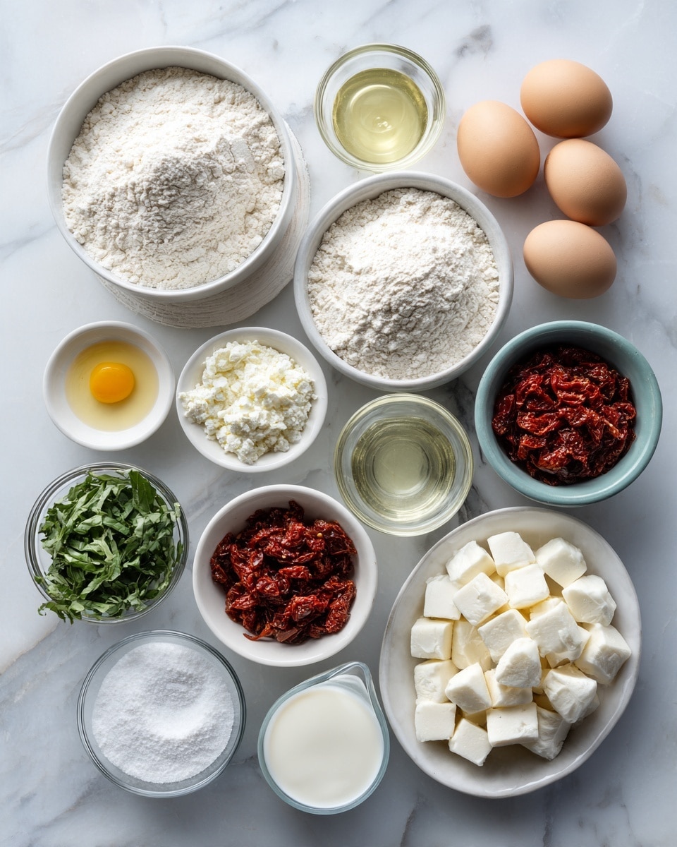 Top-down professional food photography flat lay style, bright white marble countertop, neatly arranged, evenly spaced, tidy, clean organized layout, include: bowl of all-purpose flour, bowl of bread flour, small bowl of baking powder, small bowl of baking soda, small bowl of salt, small bowl of cubed fresh mozzarella cheese, small bowl of chopped fresh basil, small bowl of chopped sun-dried tomatoes, small plate with two large eggs, small glass cup of grapeseed oil, glass measuring cup of buttermilk, bright soft natural lighting, sharp focus, high detail textures, realistic reflections, professional DSLR look, 4K, no finished dish, no cooked food, no hands, no text, no watermark, no brand logos --ar 4:5 --v 7