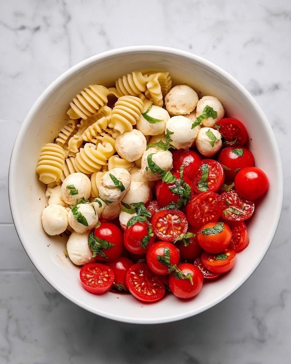 A white bowl filled with three layers: the bottom layer shows brightly red cherry tomatoes, some whole and some sliced, mixed with white cheese balls and small pieces of green herbs; the middle layer is a few more mixed tomatoes and cheese, slightly covered by the top layer; the top layer is made of light beige pasta with a unique ridged and curved shape, resting over the tomato and cheese mix, all set against a white marbled texture surface photo taken with an iphone --ar 4:5 --v 7