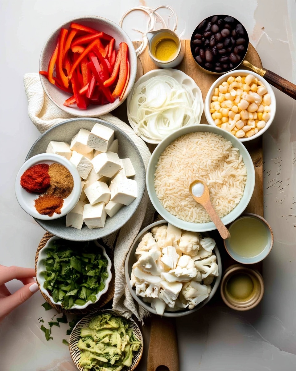 A wooden board holds various white bowls and small containers arranged neatly on a white marbled surface. Starting from the top left, there is a bowl filled with bright red sliced bell peppers, followed by a small white jug with yellow oil, then a metallic measuring cup filled with dark black beans. To its right is a white bowl full of pale yellow corn kernels. Toward the center left on the board is a light grey bowl filled with white tofu cubes and a small dish inside it with three different spices in red, brown, and orange tones. Next to it is a bigger white bowl filled with uncooked white rice and a wooden spoon with some grains on it. Below the rice bowl, a white bowl contains white cauliflower pieces. At the bottom left corner, a small bowl holds chopped green herbs, and next to it is another bowl filled with mashed green avocado mixed with some small bits. Two small cups with light green and pale yellow liquids are also present near the cauliflower. A woman's hand is gently resting on the board near the tofu bowl. The setting is bright and clean, with soft natural light and no shadows. photo taken with an iphone --ar 4:5 --v 7