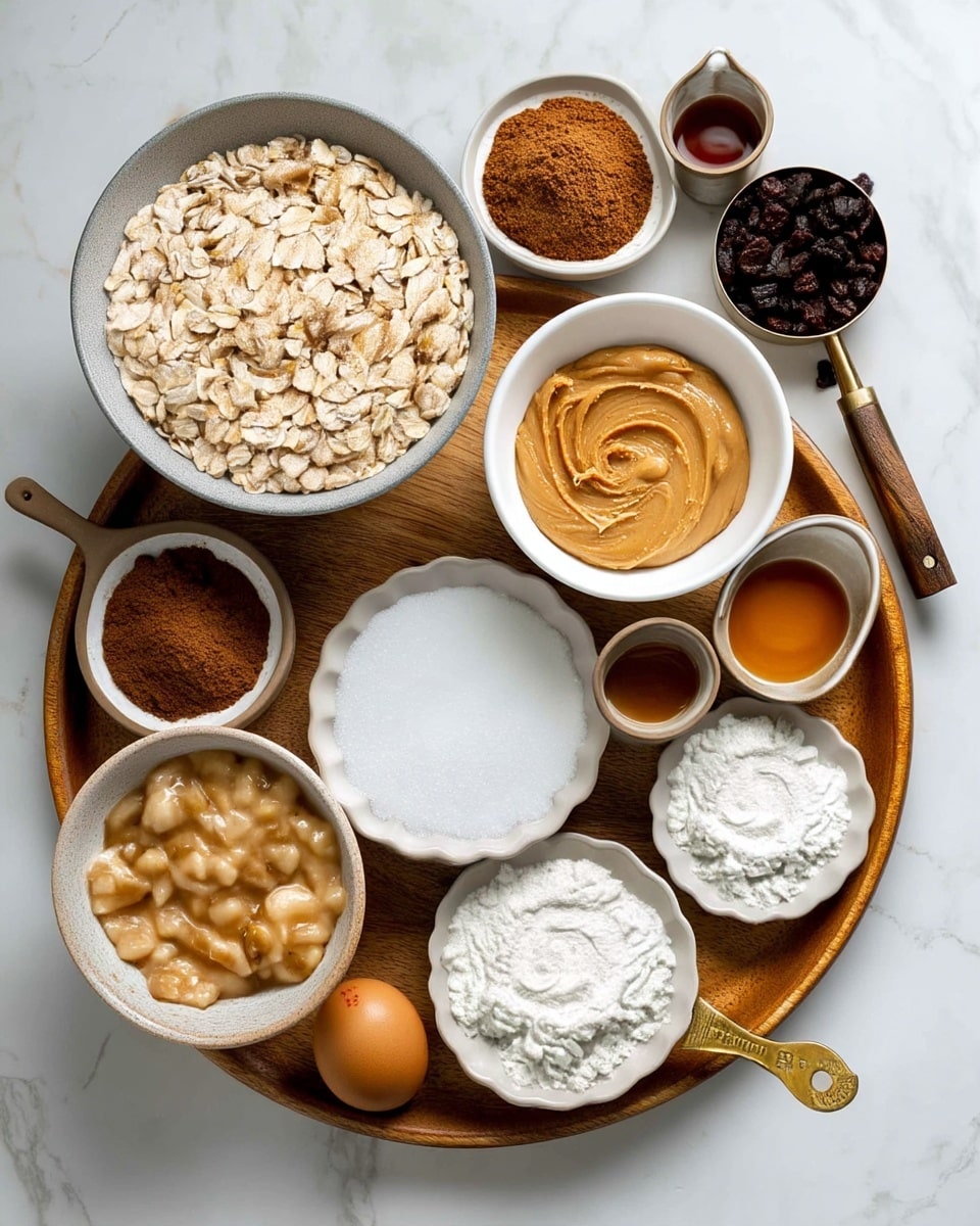 The image shows various baking ingredients arranged on a white marbled surface, with most items placed on a round wooden tray and some beside it. There is a large gray bowl filled with light beige rolled oats in the center. Above it, a white bowl holds smooth, creamy peanut butter with a light brown color and swirled texture. To the left, a small white spoon contains fine brown cinnamon powder, and below it, a white scalloped bowl holds white granulated sugar. On the wooden tray's right side, a brass measuring cup with a wooden handle is full of dark brown raisins. Small white bowls contain fine salt and light brown liquid vanilla extract. At the bottom, a beige bowl has chunky mashed bananas, and a white scalloped bowl next to it shows white flour. A single brown egg rests in a small white bowl near the flour. A woman's hand holds a wooden scoop with white salt near the bottom right corner. Photo taken with an iphone --ar 4:5 --v 7