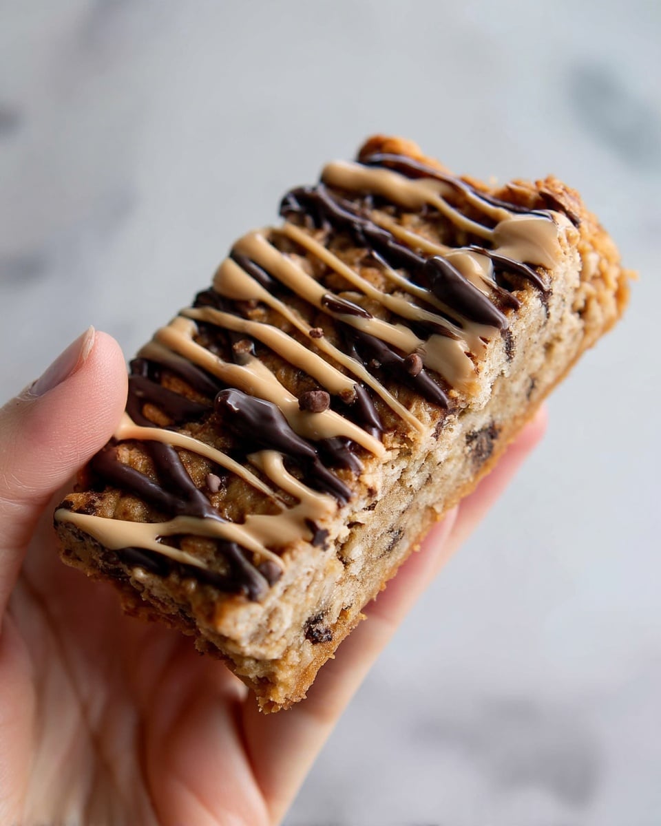 A close-up image shows a woman's hand holding a thick bar of a crumbly cookie or oat bar with a textured, light brown inside mixed with darker bits. The top layer is decorated with drizzled light beige and dark brown sauces, adding shiny detail. The bar looks soft yet firm, with a rough crumbly texture on the edges against a soft white marbled background. photo taken with an iphone --ar 4:5 --v 7