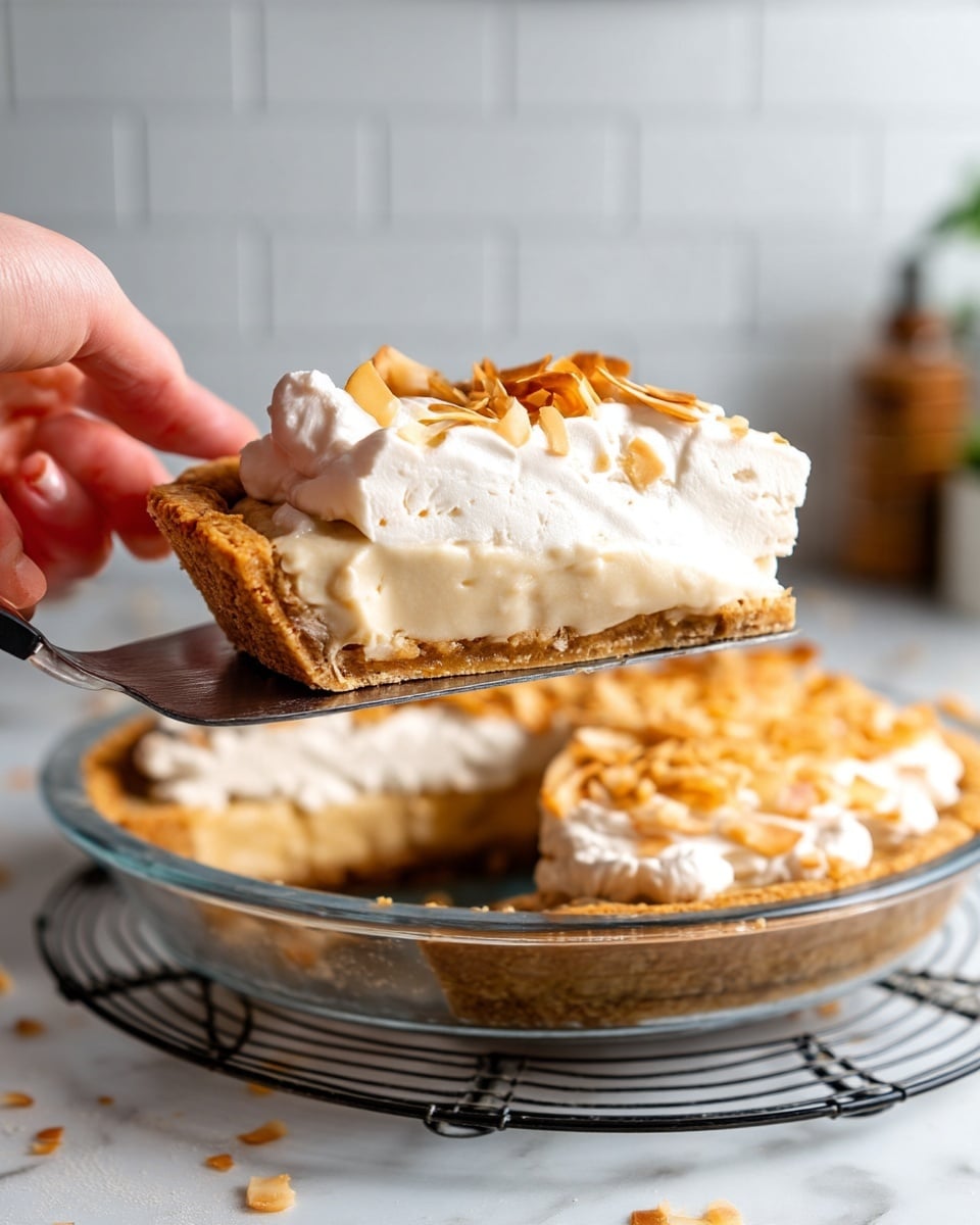A close-up side view of a slice of pie held by a woman's hand on a pie server, showing three layers: a thick golden-brown crumbly crust at the bottom, a creamy light beige filling in the middle, and a fluffy white whipped topping at the top, sprinkled with toasted coconut flakes; the rest of the pie with similar layers sits in a clear glass pie dish on a black round cooling rack, all set against a white marbled surface and a white tiled background, photo taken with an iphone --ar 4:5 --v 7