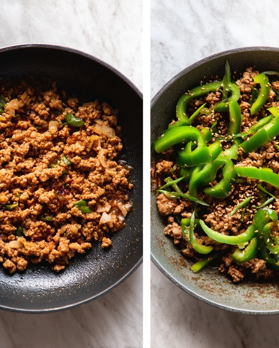 The image shows two close-up views of cooked ground meat in a dark pan on a white marbled surface. The left side features a single layer of browned ground meat with small bits of onions mixed in, showing a crumbly texture with a light brown color. The right side has the same base of cooked ground meat in a similar layer, but includes bright green slices of bell pepper scattered on top, adding color contrast, with some small sesame seeds sprinkled over everything. Photo taken with an iphone --ar 4:5 --v 7
