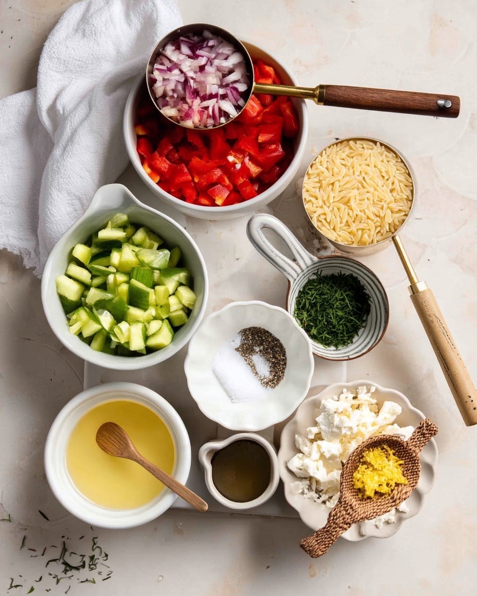 This image shows an arrangement of small white bowls and measuring cups filled with ingredients on a white marbled surface. In the top center is a white bowl full of bright red diced bell peppers, and on top of it rests a metal measuring cup with a wooden handle holding finely chopped red onions. To the right is a metal measuring cup with a wooden handle filled with uncooked orzo pasta. Below the orzo, a small striped bowl contains dark green chopped fresh herbs. In the bottom right corner, a scalloped white bowl holds crumbled white cheese with a wooden spoon resting on top, filled with yellow lemon zest. Next to it, there is a small brown ceramic jug, and above it, a small white scalloped bowl contains salt and cracked black pepper. On the left side, another white bowl is filled with chopped green cucumber. In the bottom left, a small white bowl contains a light yellow liquid, likely oil or lemon juice. A white kitchen towel is loosely placed near the top left. photo taken with an iphone --ar 4:5 --v 7