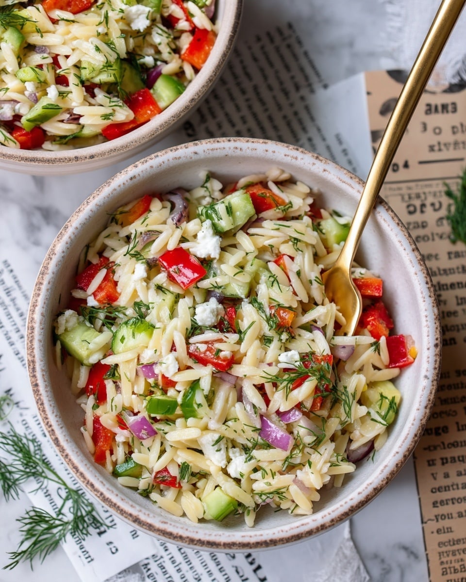 A beige bowl filled with a colorful orzo pasta salad sits on white marbled surface and layered newspaper clippings. The salad contains small pieces of white orzo pasta, diced bright red bell peppers, green cucumber chunks, bits of purple onion, fresh green herbs like dill, and white crumbled cheese scattered evenly throughout. A gold fork is placed inside the bowl, resting on the salad in the center. In the background, there is part of another bowl, similarly filled, showing more of the same colorful salad. photo taken with an iphone --ar 4:5 --v 7