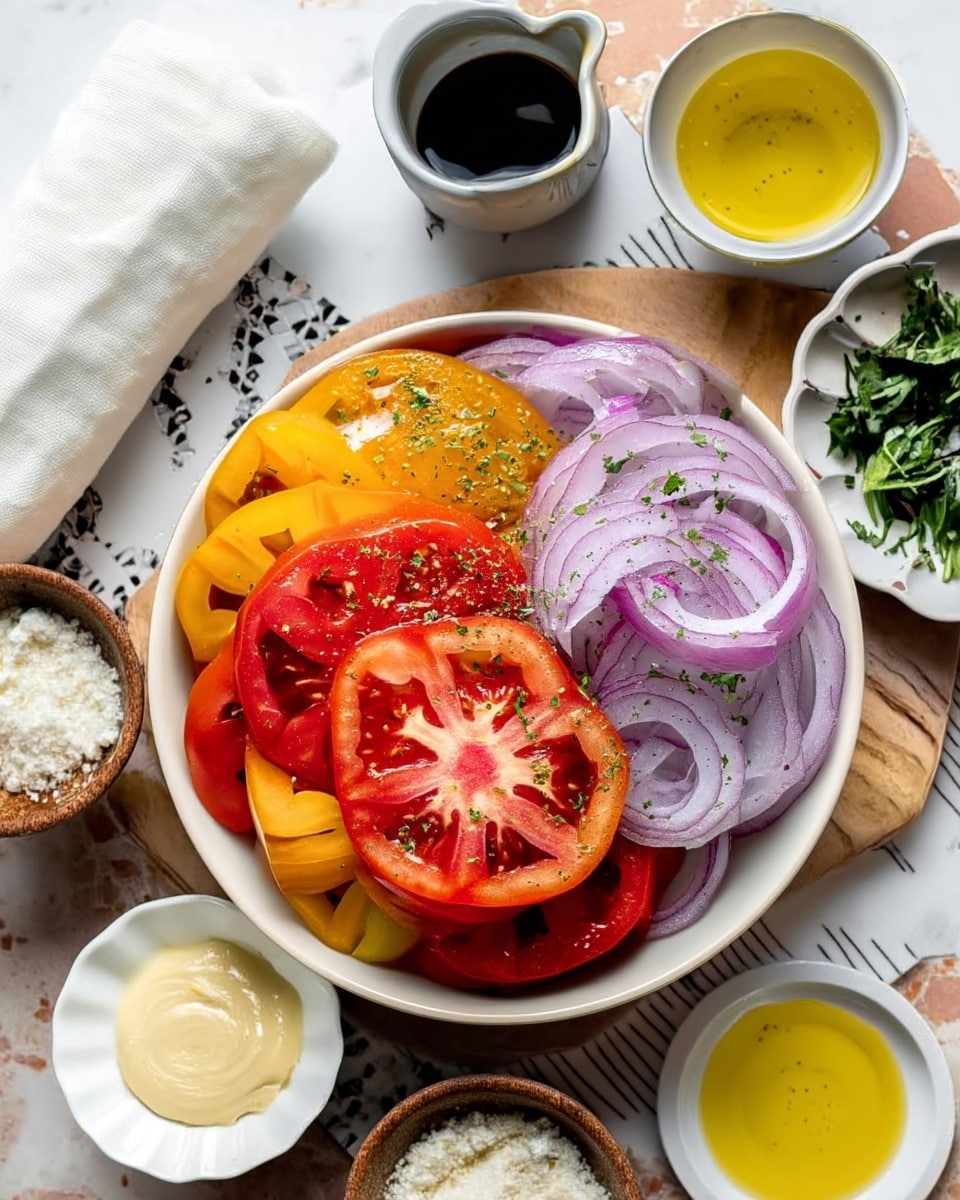 A white bowl in the center contains three layers of sliced tomatoes, each showing vibrant red and yellow colors with a juicy texture. Surrounding the bowl are small white dishes holding thinly sliced purple onions, fresh chopped green herbs, a mound of white creamy yogurt, and two small cups of dark soy sauce. There are also smaller bowls with pale yellow mustard, crumbled white cheese, and a mix of coarse salt and black pepper. To the left, a rolled white cloth sits next to a small cup with yellow olive oil. A wooden board under some dishes adds a natural touch, all placed on a white marbled surface. photo taken with an iphone --ar 4:5 --v 7