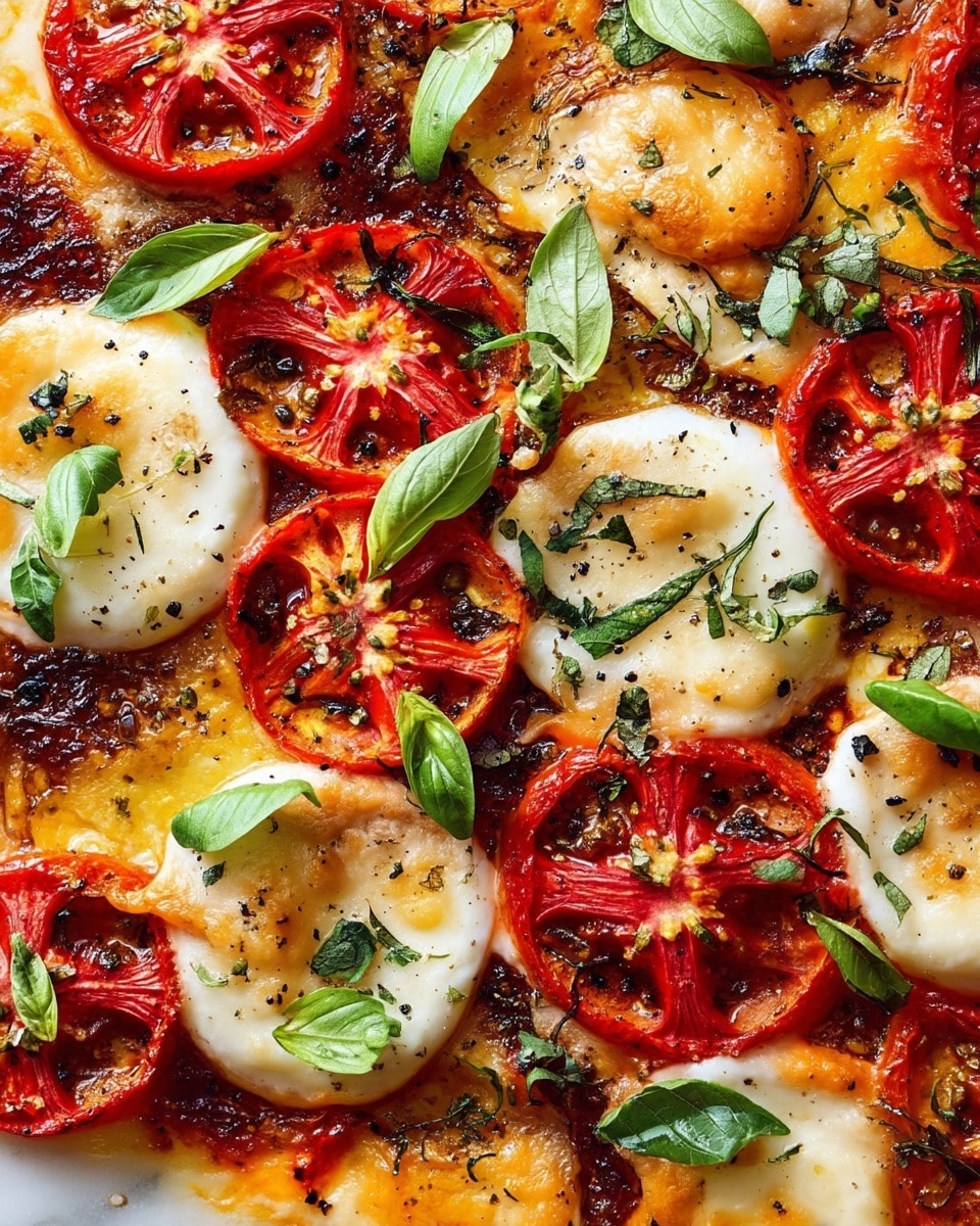 A close-up of a baked dish showing a base layer of melted golden cheese with bubbly texture, topped with round slices of roasted red tomatoes that have charred edges. On top of the cheese and tomatoes, there are thick slices of white cheese with a smooth, slightly browned surface. Green fresh basil leaves are scattered all over the dish, some whole and some chopped, adding bright green color. There is a light sprinkling of black pepper and coarse salt visible on the surface. The whole dish rests on a white marbled background. photo taken with an iphone --ar 4:5 --v 7