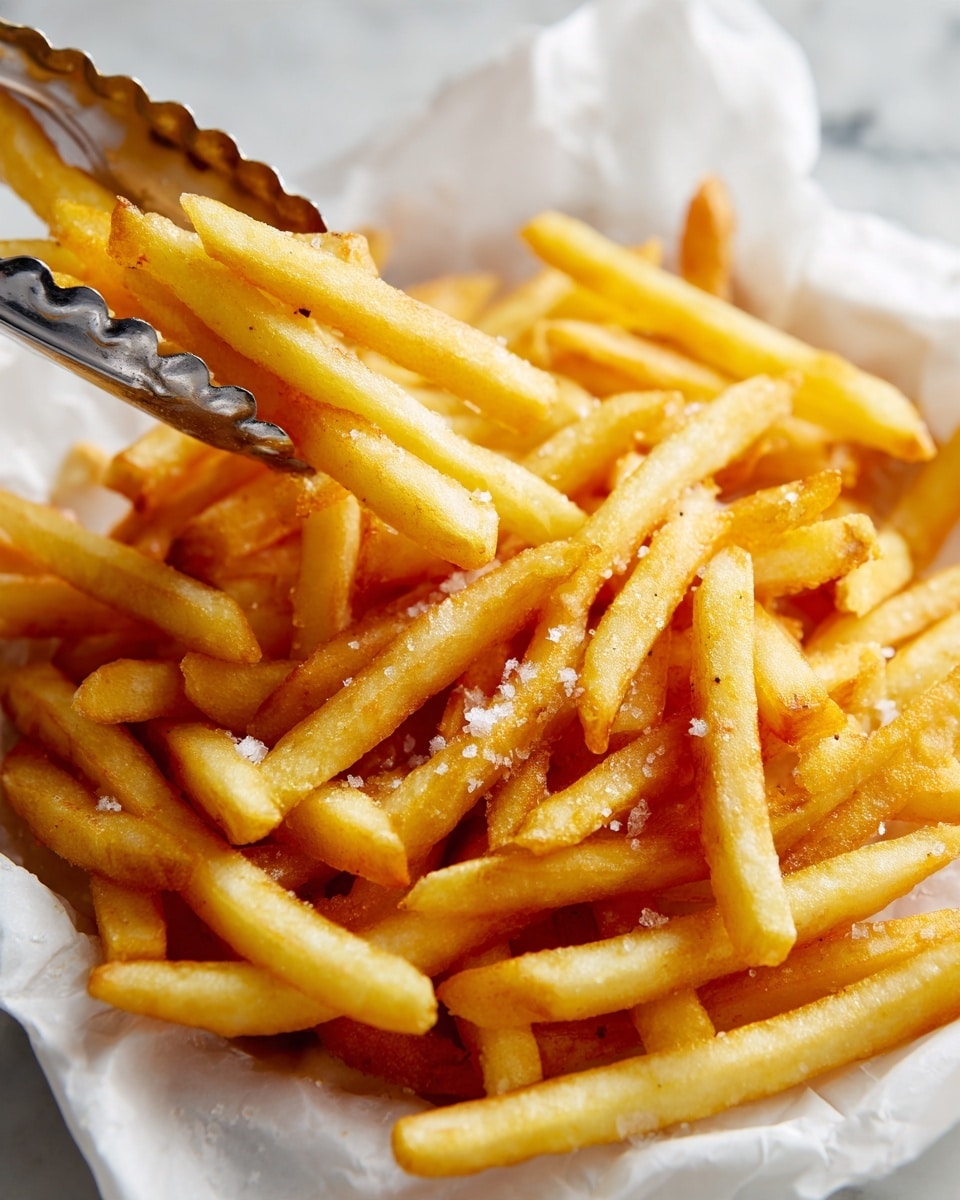 A close-up view of a pile of golden yellow French fries with a light crispy texture, piled high with some thin salt crystals visible on the surface. A pair of silver metal tongs with scalloped edges is picking up fries from the top left of the pile. The fries are contained in white paper, all set on a white marbled surface in soft lighting. photo taken with an iphone --ar 4:5 --v 7