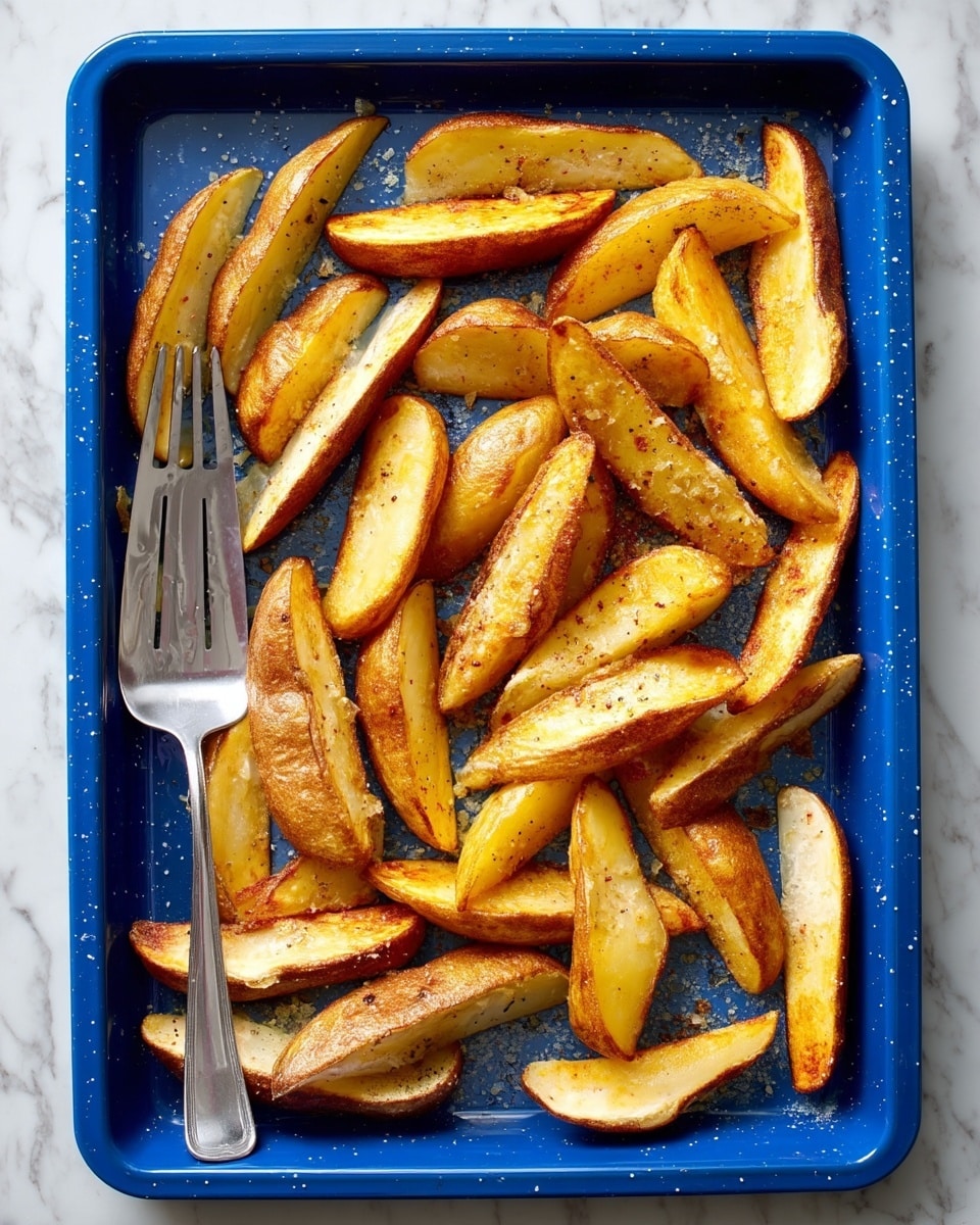 The image shows a blue baking tray filled with golden brown potato wedges scattered loosely across its surface. The wedges have a crispy skin on the outside and a soft, light yellow inside, with some seasoning sprinkled on top. There is a silver spatula resting under several wedges on the left side of the tray. The tray is set on a white marbled surface. photo taken with an iphone --ar 4:5 --v 7