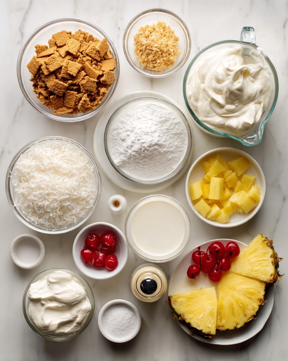 Top-down professional food photography, flat lay style, bright white marble countertop, neatly arranged, evenly spaced, tidy, clean organized layout, include: bowl of crushed graham crackers, small bowl of sweetened shredded coconut, small bowl of granulated sugar, small plate of melted butter, large glass measuring cup of heavy cream, two small bowls of powdered sugar, bowl of smooth cream cheese, small bottle of vanilla flavoring, small bowl of finely diced fresh pineapple, small plate with fresh pineapple slices and cherries for garnish, bright soft natural lighting, sharp focus, high detail textures, realistic reflections, professional DSLR look, 4K, no finished dish, no cooked food, no hands, no text, no watermark, no brand logos --ar 4:5 --v 7