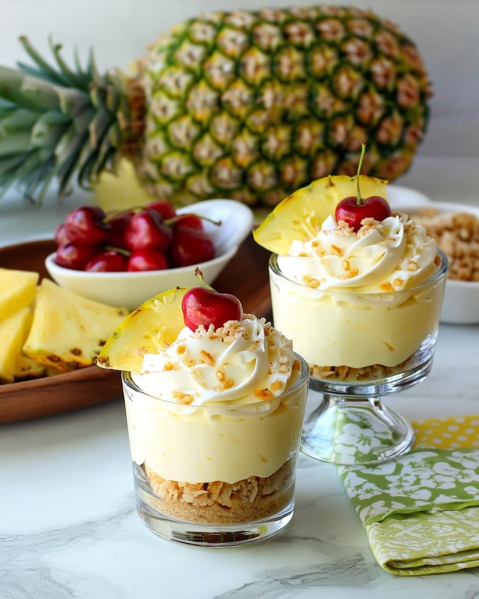 Two clear glass dessert cups with three layers each are shown on a white marbled surface. The bottom layer is a crumbly, light brown crust. The middle layer is a smooth, creamy pale yellow filling. The top layer is a swirl of white whipped cream sprinkled with crushed crumbs and topped with a red cherry and a triangular slice of pineapple with green edges placed on the side of each glass. In the background, a whole pineapple lies horizontally, and a white bowl with triangular pineapple slices and red cherries is placed nearby on a wooden tray with green and yellow patterned cloths underneath. Photo taken with an iphone --ar 4:5 --v 7