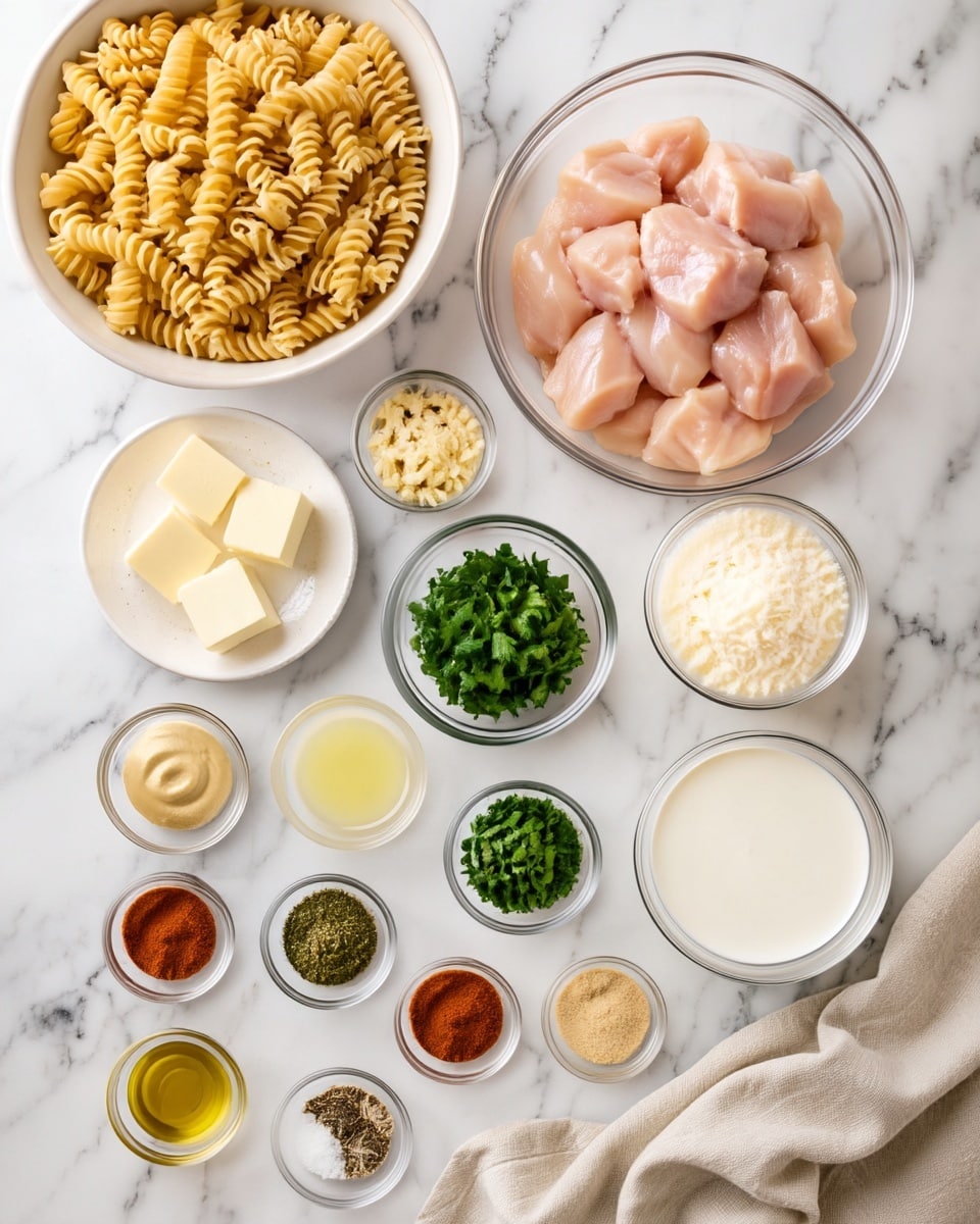A white marbled surface holds a neat arrangement of clear glass bowls and white dishes with cooking ingredients. In the top right is a large clear glass bowl filled with pale pink cubed raw chicken, next to a large white bowl filled with dry yellow spiral pasta. Below these, smaller glass bowls contain finely chopped green herbs, a pile of white shredded cheese, and a creamy off-white liquid. To the left, a small white plate displays four cubes of light yellow butter, while other tiny glass bowls hold finely minced garlic, light yellow sauce, bright orange and reddish spices, green herbs, pale yellow powder, pale yellow oil, and a salt and black pepper mixture. A folded beige cloth sits in the bottom right corner. photo taken with an iphone --ar 4:5 --v 7