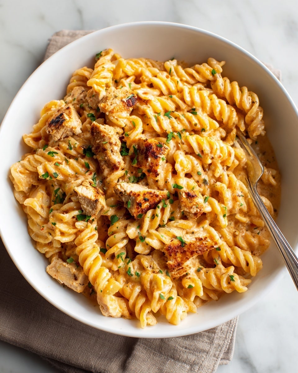 A white bowl filled with creamy rotini pasta mixed with browned pieces of chicken on top, garnished with small green herb flakes. The pasta is covered in a light orange creamy sauce that clings to each spiraled noodle, creating a rich texture. The chicken pieces are browned with a slightly crispy outside and scattered evenly across the pasta. A silver fork is resting inside the bowl, and the bowl sits on a light brown cloth on a white marbled surface. photo taken with an iphone --ar 4:5 --v 7
