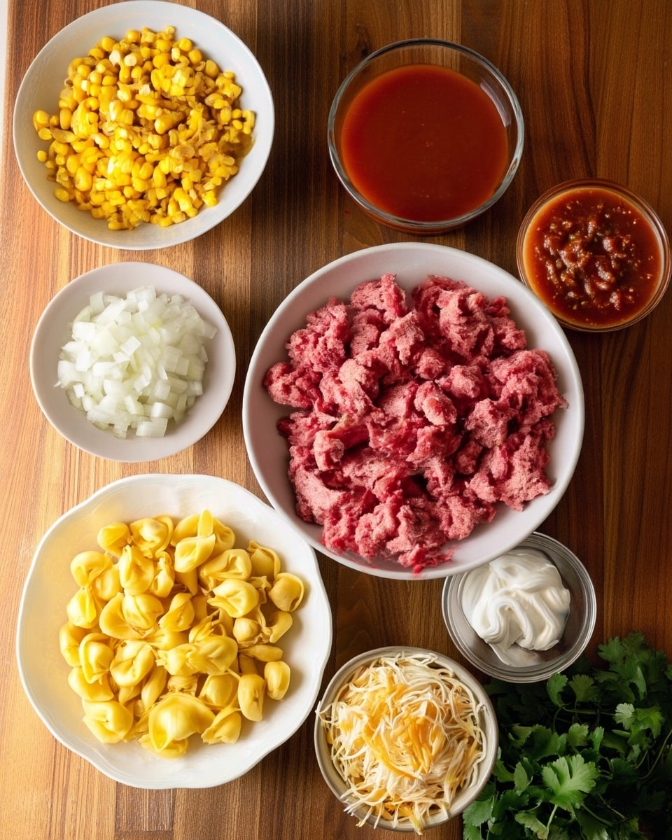 The image shows several white bowls and plates arranged on a wooden surface. In the center is a white bowl filled with raw ground meat, pink and coarse in texture. To the top left is a white bowl filled with bright yellow corn kernels, and next to it on the right is a glass bowl holding thick dark red sauce. Below the sauce is a small glass bowl with chopped white onions. To the bottom left is a white plate with yellow tortellini pasta, each piece folded and smooth. Near the bottom center is a small bowl with mixed shredded cheeses in pale yellow and white strands. To the right of that is a small glass bowl with a dollop of white sour cream. On the far right side of the image is a bunch of fresh green cilantro resting on the wooden surface. The whole scene is bright and clean, with the food items clearly displayed for preparation. photo taken with an iphone --ar 4:5 --v 7