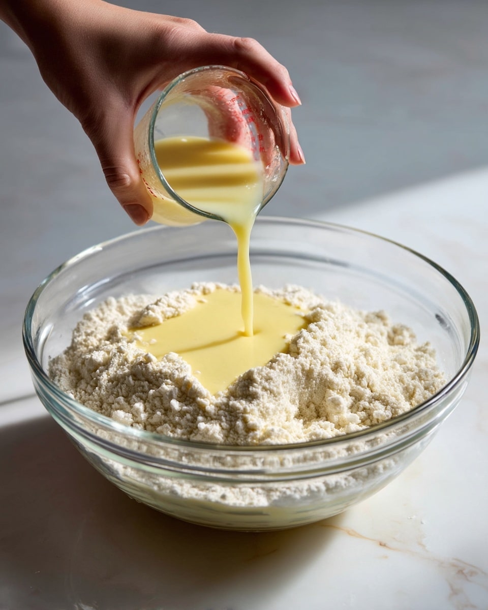 A clear glass bowl sits on a white marbled surface, containing a mixture of white flour and a yellow batter. A woman's hand is pouring a pale yellow liquid from a small jar into the bowl, creating a smooth layering effect as it flows over the flour and batter. The scene is softly lit with natural light, highlighting the textures of the flour and liquid batter inside the bowl. Photo taken with an iphone --ar 4:5 --v 7