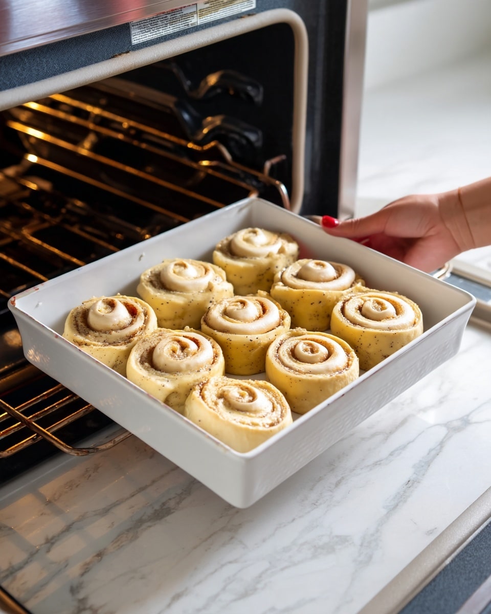 A white baking pan filled with twelve unbaked cinnamon rolls arranged in three rows of four. Each roll has a light golden dough spiraled tightly with visible layers and a slightly shiny surface, showing the swirls of cinnamon filling inside. A woman's hand with red nail polish is placing the pan inside a silver oven. The background shows the white marbled texture of the kitchen counter. photo taken with an iphone --ar 4:5 --v 7