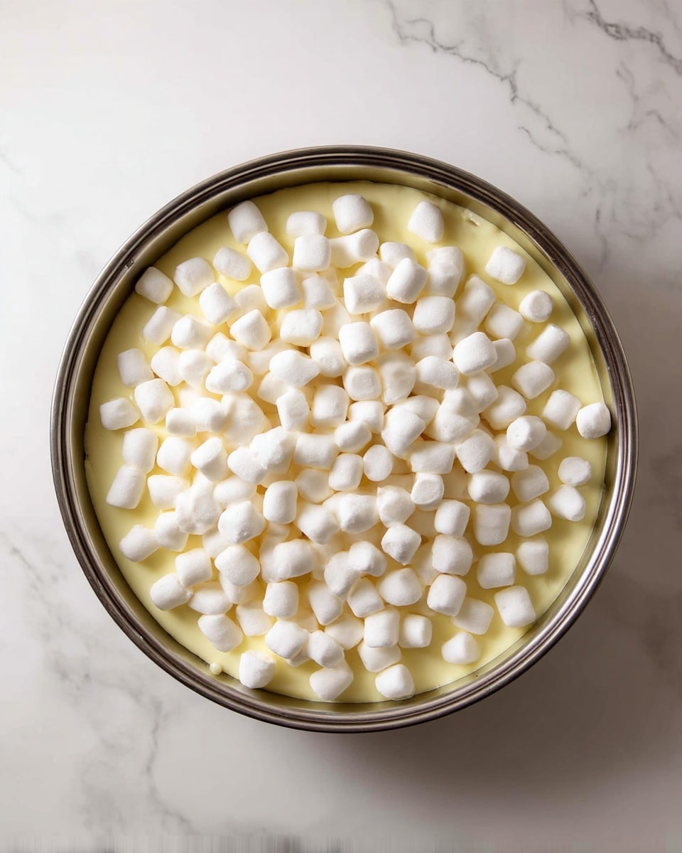 A round metal bowl contains one layer of pale yellow creamy mixture filling the base, topped by a thick layer of many small, white mini marshmallows evenly spread across the surface. The bowl sits on a white marbled surface. photo taken with an iphone --ar 4:5 --v 7