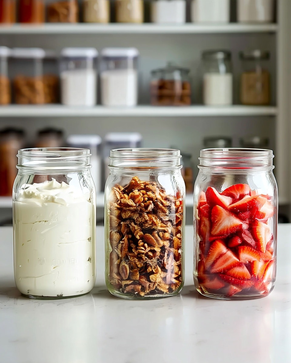 The image shows three clear glass jars placed side by side on a white marbled surface. The jar on the left is filled with smooth, creamy white yogurt with a soft texture. The middle jar is filled with crunchy, golden-brown granola with visible clusters and nut pieces, showing a rough texture. The jar on the right is filled with bright red strawberry slices, neatly stacked with their smooth, juicy surfaces visible. The background features blurry shelves with various containers, creating a simple kitchen setting. photo taken with an iphone --ar 4:5 --v 7