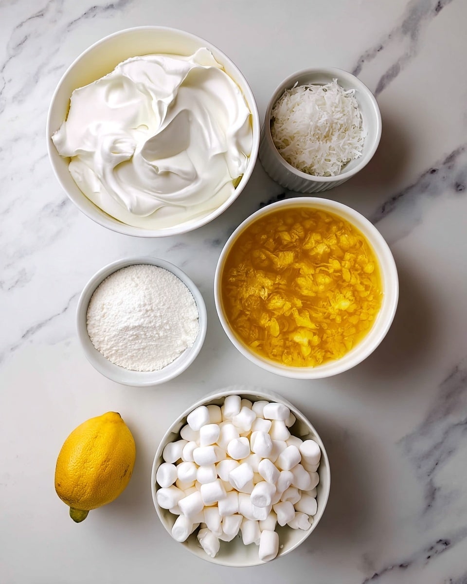The image shows five white bowls arranged on a white marbled surface. The largest bowl on the left holds a thick layer of white whipped cream with smooth, swirled texture. Next to it on the right are two smaller bowls, one filled with fine white powder and the other with shredded coconut, both having a light fluffy texture. Below those, a large bowl on the right contains a bright yellow layer of jelly with small, translucent pieces. The final bowl at the bottom center is filled with many small white marshmallows. A yellow lemon is placed on the bottom left corner of the image. Photo taken with an iphone --ar 4:5 --v 7