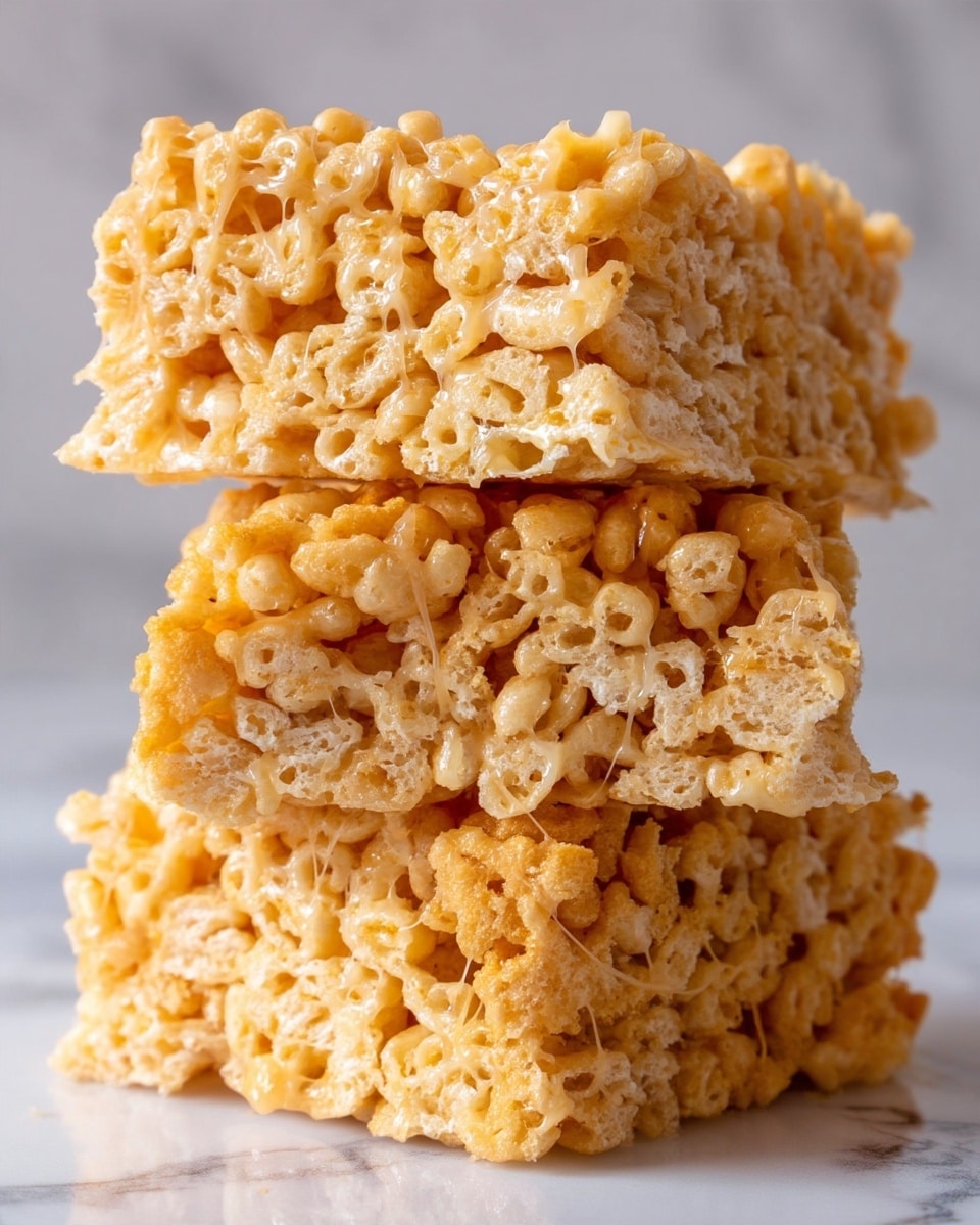 The image shows three stacked crispy rice treats with a light golden brown color and a textured surface made of puffed rice coated in a sticky, shiny syrup, which holds the layers together. The top treat is slightly tilted, revealing more of the rough, bumpy texture and the tight cluster of puffed rice. The treats have a soft, airy look with small gaps and strands of syrup connecting parts. The close-up shot captures details of the crunchy and chewy surface of the treats, all set on a white marbled background. Photo taken with an iphone --ar 4:5 --v 7