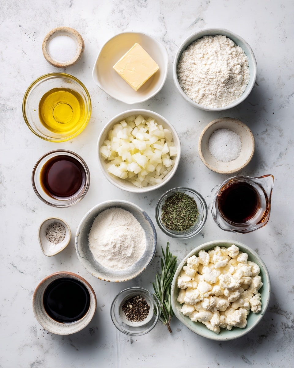 Top-down professional food photography, flat lay style, bright white marble countertop, neatly arranged, evenly spaced, tidy, clean organized layout, include: small glass cup of olive oil, small plate with butter, bowl with diced white onion, small bowl with minced garlic, bowl of plain flour, small glass cup of balsamic vinegar, bowl of drained butter beans, glass measuring cup of vegetable stock, small glass cup of heavy cream, small bowl of diced rosemary, small bowls of salt and pepper, bright soft natural lighting, sharp focus, high detail textures, realistic reflections, professional DSLR look, 4K, no finished dish, no cooked food, no hands, no text, no watermark, no brand logos --ar 4:5 --v 7