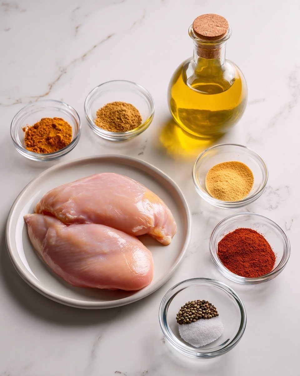 The image shows two raw chicken pieces placed on a white plate in the center, with a smooth, pale pink texture and a slight shine. Around the plate, there are five small clear glass bowls arranged in a circle; one containing a light brown spice, another with a honey-yellow powder, one filled with red paprika powder, one holding a mixture of black pepper and white salt, and the last with ground cumin. A clear glass bottle of olive oil with a cork top is placed near the top right corner. The whole setup is on a white marbled surface, giving a clean and fresh look. photo taken with an iphone --ar 4:5 --v 7
