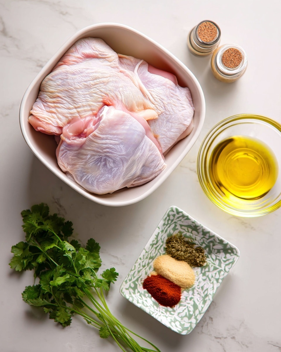 The image shows a white bowl with four raw chicken thighs with pale pink skin, slightly shiny and moist, placed side by side inside the bowl. To the right of the bowl, there is a small clear glass bowl filled with golden yellow oil. Below the oil bowl, a small white bowl with a green leaf pattern holds three spices in neat horizontal lines: red spice at the bottom, beige spice in the middle, and green herb on top. Next to the spice bowl, there are two small glass jars with cork lids containing light brown and off-white powders. On the left side of the frame, there is a small bunch of fresh green cilantro leaves. All items sit on a white marbled surface. Photo taken with an iphone --ar 4:5 --v 7