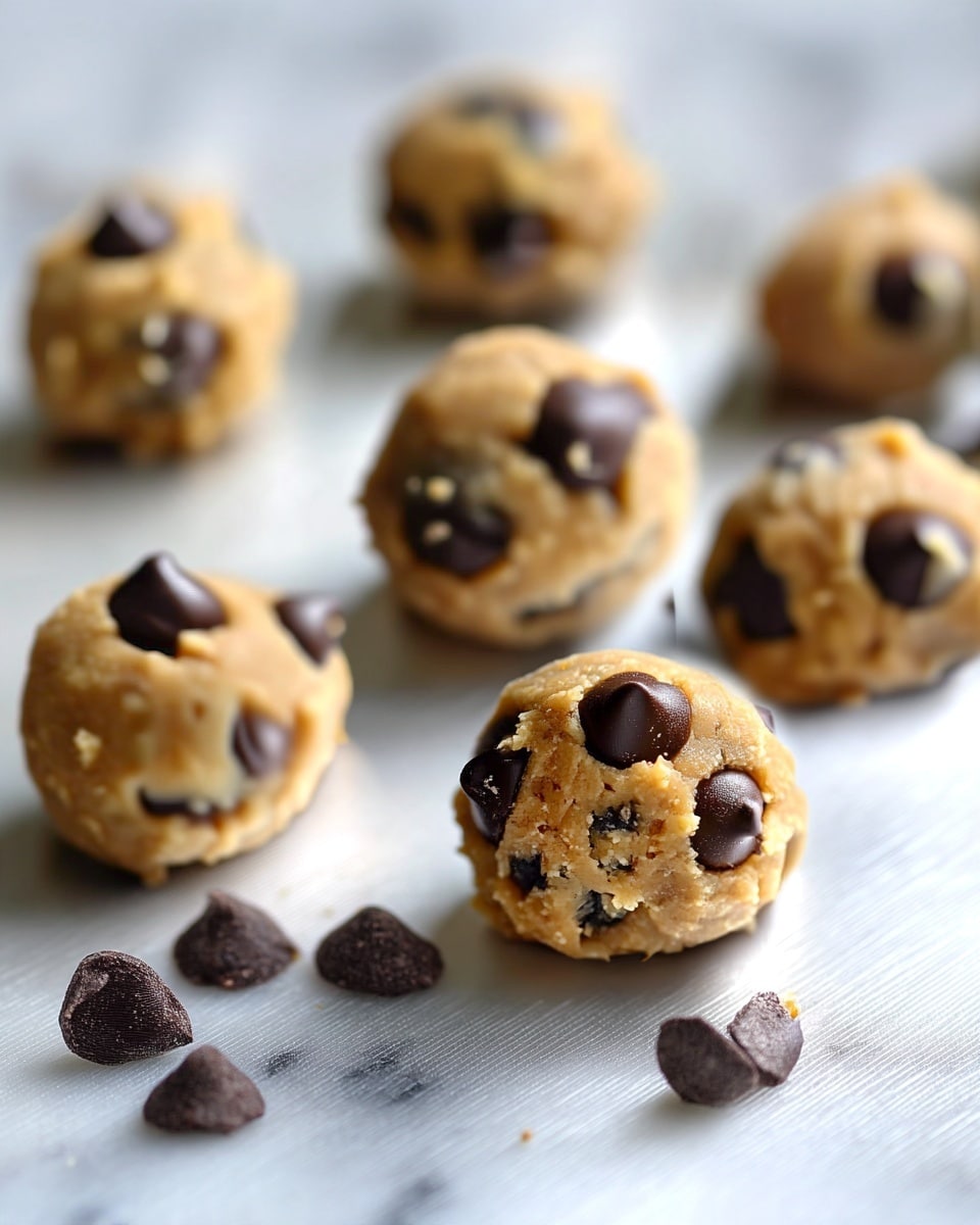 The image shows several small, round dough balls of light brown color with large dark chocolate chips embedded in them. Each ball has a slightly rough, crumbly texture and is placed on a white marbled surface with soft light highlighting the chocolate chips and dough grains. The dough balls are arranged in a scattered way, with some closer to the camera showing detailed texture, while others are blurred in the background, creating a depth effect. The scene is simple and clean, focusing clearly on the dough balls. photo taken with an iphone --ar 4:5 --v 7