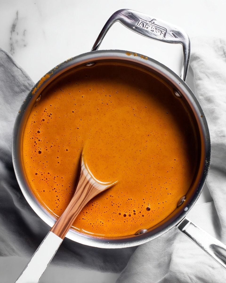 A shiny silver pot filled with smooth, thick orange sauce with small bubbles on the surface. A wooden spoon with a white handle rests inside the sauce, partially covered by it, showing the creamy texture. The pot sits on a soft white cloth over a white marbled surface. The lighting highlights the rich, warm color of the sauce and the metal shine of the pot. photo taken with an iphone --ar 4:5 --v 7