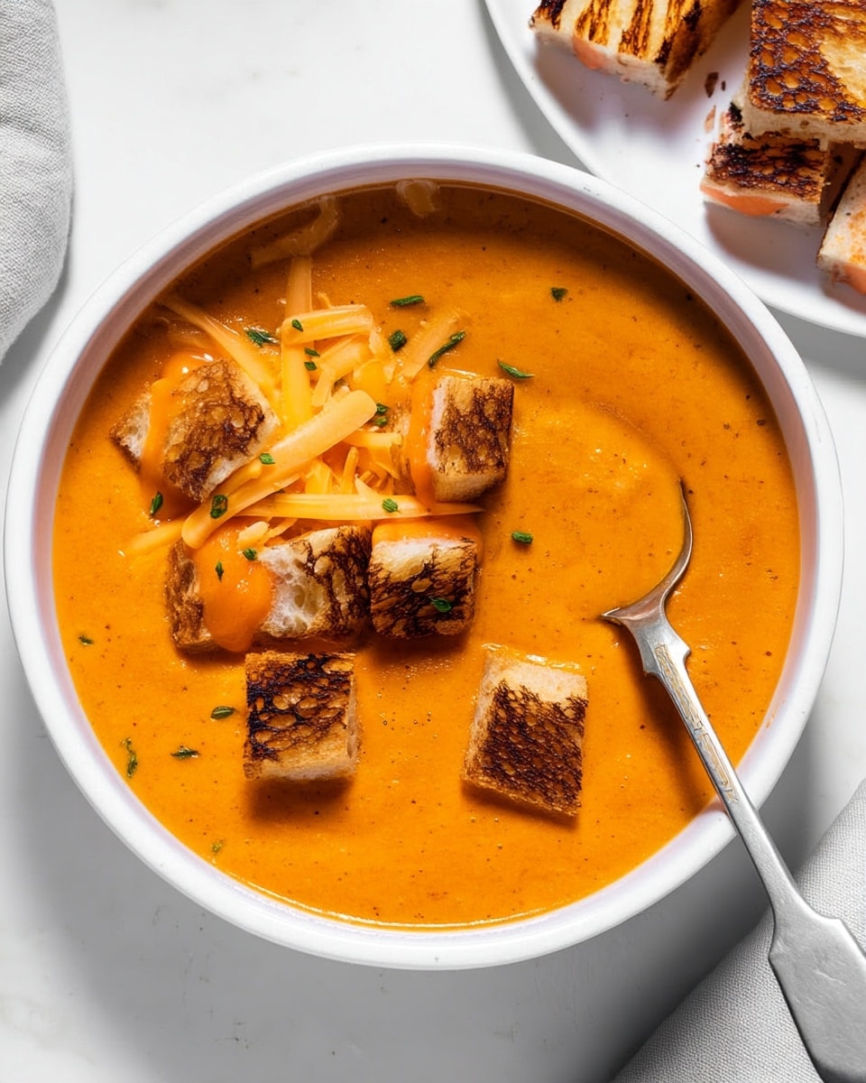 A white bowl filled with smooth orange soup, topped with several small toasted bread cubes that have slight brown grilled marks and melted orange cheese on top. Thin strips of cheddar cheese are scattered over the soup, and small green herbs dot the surface for garnish. A silver spoon rests inside the bowl on the right side. The bowl is placed on a white marbled surface, with part of another white plate holding grilled cheese sandwich pieces visible at the top right corner. Photo taken with an iphone --ar 4:5 --v 7