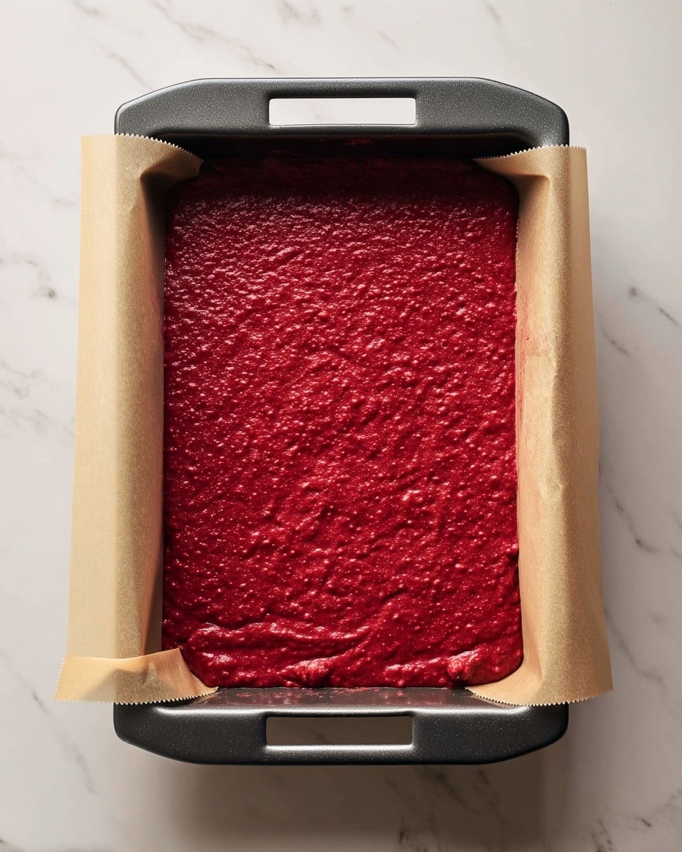 A baking tray lined with light brown parchment paper holds one thick layer of smooth, deep red batter with a slightly textured surface showing tiny bumps, spread evenly across the entire tray. The tray is dark gray with dotted patterns on the handles, placed on a white marbled surface. photo taken with an iphone --ar 4:5 --v 7