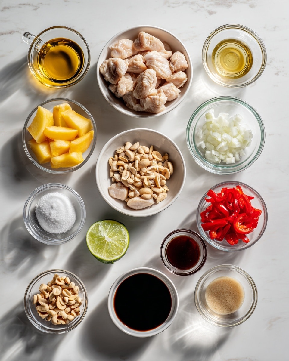Top-down professional food photography, flat lay style, bright white marble countertop, neatly arranged, evenly spaced, tidy, clean organized layout, include: small glass cup of peanut oil, bowl of prepared chicken pieces, small bowl of salt, small bowl of thinly sliced onion, small bowl of minced garlic, small bowl of minced fresh ginger, small bowl of peach slices, small glass cup of honey, small glass cup of soy sauce, small glass cup of fish sauce, small glass cup of rice vinegar, small glass cup of Thai chilli sauce, small glass cup of lime juice, small bowl of dried lemongrass, small bowl of cornstarch, small bowl of thinly sliced red bell pepper, small bowl of chopped peanuts, small bowl of chopped fresh cilantro, bright soft natural lighting, sharp focus, high detail textures, realistic reflections, professional DSLR look, 4K, no finished dish, no cooked food, no hands, no text, no watermark, no brand logos --ar 4:5 --v 7