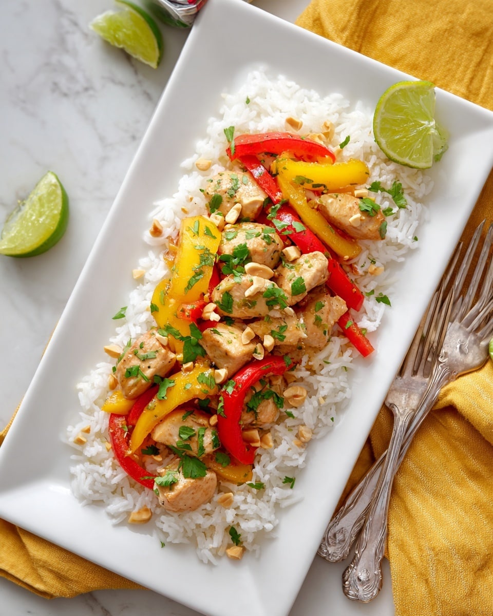 A rectangular white plate holds a colorful dish with two layers. The bottom layer is a bed of white fluffy rice spread evenly across the plate. On top of the rice, there are golden-brown cooked pieces of chicken mixed with bright yellow peach slices and thin red bell pepper strips. The dish is garnished with green cilantro leaves and small light tan peanuts scattered over the top. The plate is set on a white marbled surface, with a silver fork beside it and a yellow cloth in the background. A can and a lime are near the top edge of the plate. Photo taken with an iphone --ar 4:5 --v 7