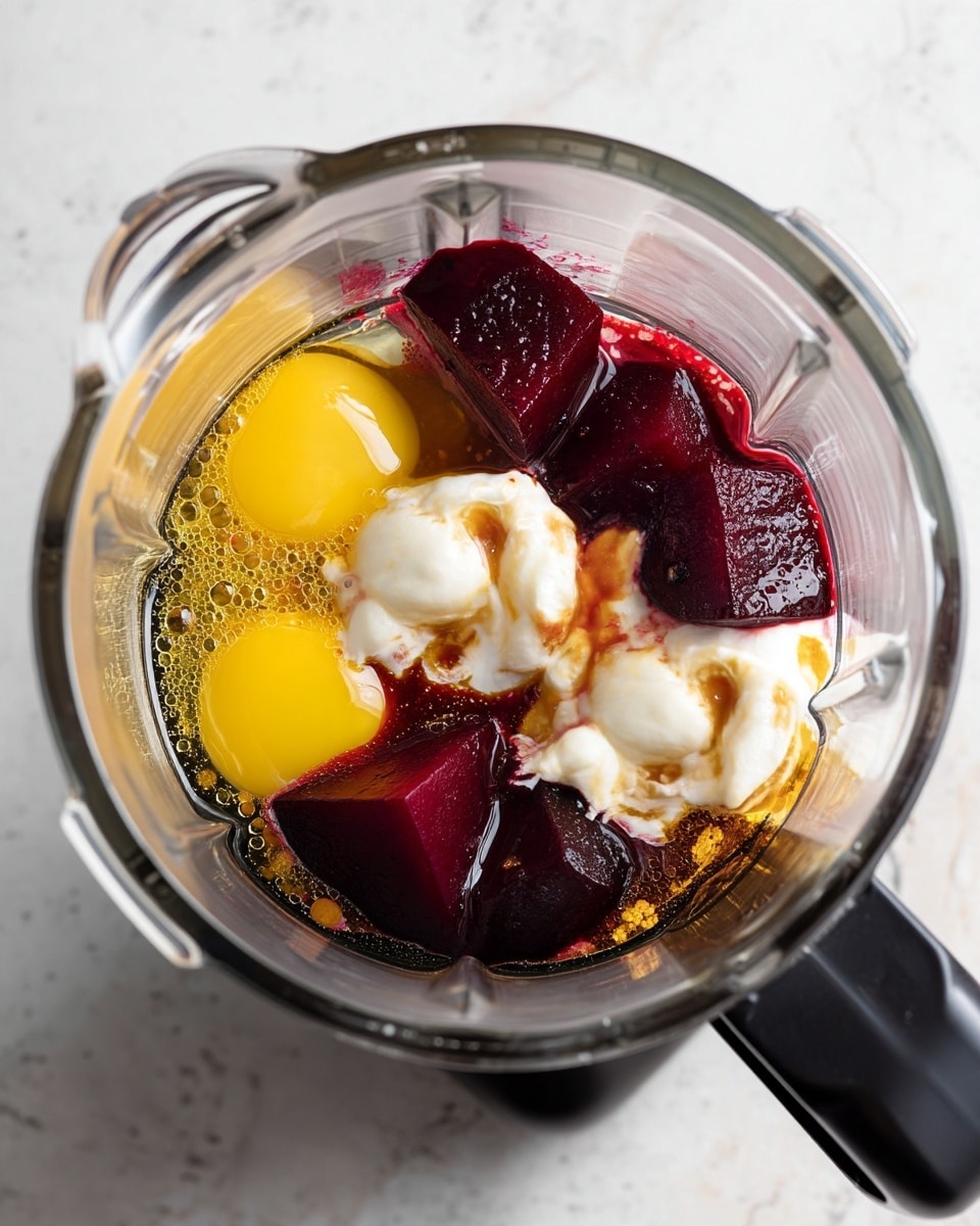 Inside a clear blender jar on a white marbled surface, there are several ingredients separated in layers: deep red beet chunks at the bottom, bright yellow egg yolks on top of the beets, creamy white dollops of sour cream or yogurt sitting beside the yolks, and dark brown liquid drizzled around and on top, possibly soy sauce or a similar dressing. Tiny bubbles and a bit of oil float on the surface, showing the shiny texture of the mixture. The blender has a black handle on the right side. photo taken with an iphone --ar 4:5 --v 7
