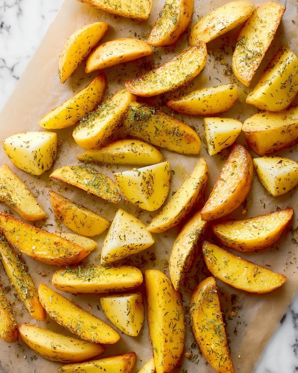 The image shows many pieces of golden-yellow potato wedges spread out on light brown baking paper arranged on a white marbled surface. Each potato wedge is coated with small greenish-brown dried herbs evenly sprinkled over the surface. The wedges are irregular in size but generally cut into roughly triangular shapes, with a slightly glossy texture from oil coating. The background is simple and clean, letting the potatoes stand out clearly. Photo taken with an iphone --ar 4:5 --v 7